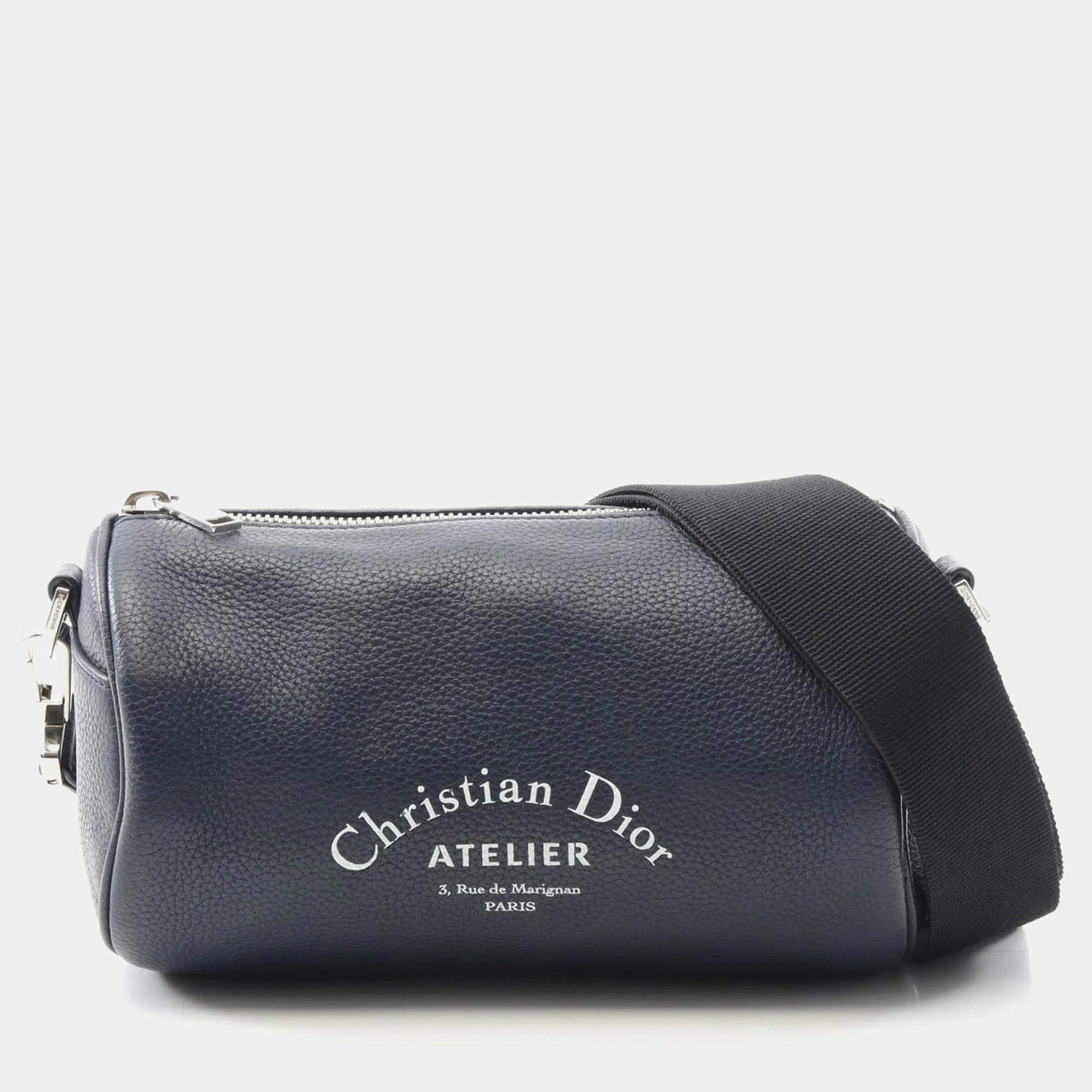Pre Owned Christian Dior Dior Atelier Roller Shoulder Bag Leather Navy