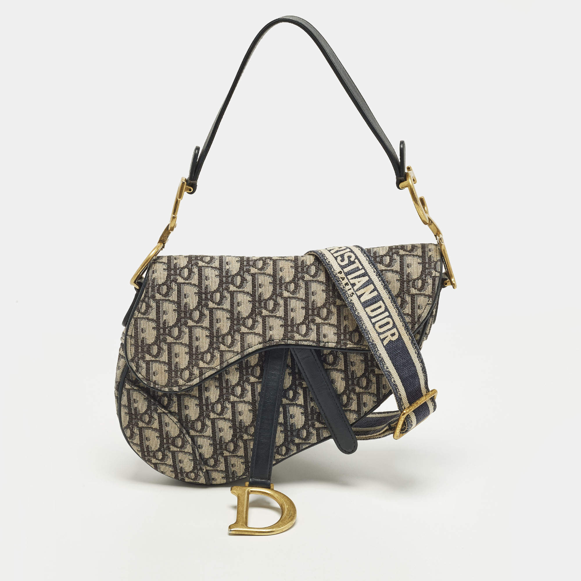 Pre Owned Dior Saddle Navy Blue Oblique Canvas Shoulder Bag