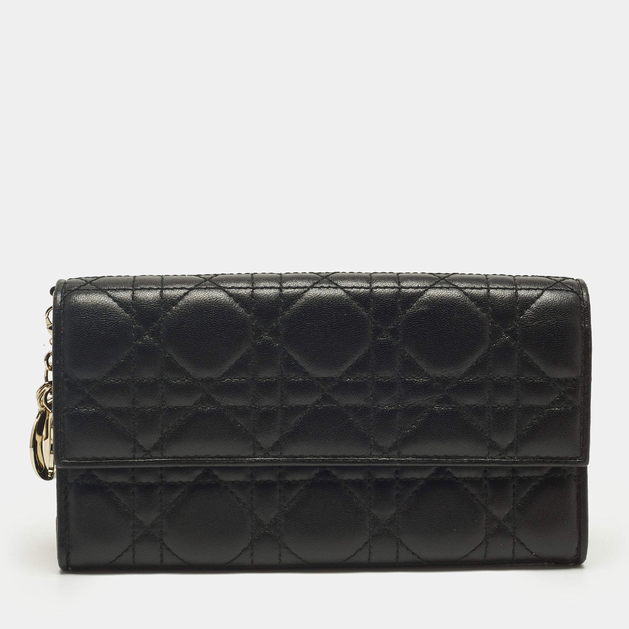 Pre Owned Dior Lady Dior Flap Black Cannage Leather Continental Wallet