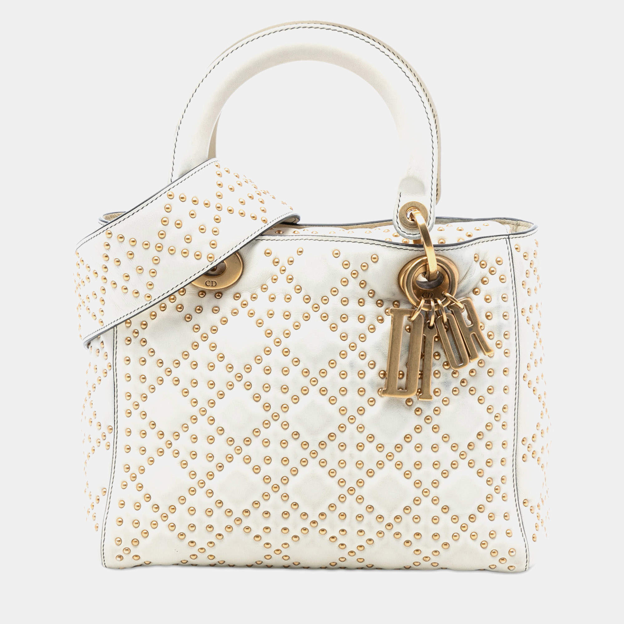 مملوكة مسبقًا Dior White Medium Lambskin Cannage Studded Supple Lady Dior