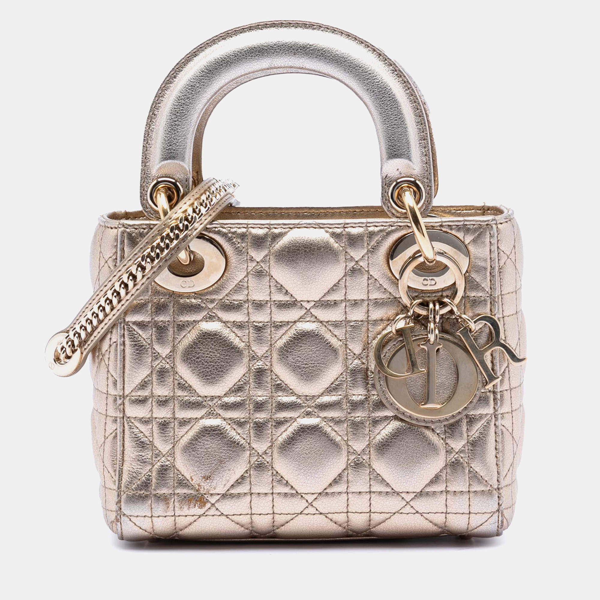 Pre Owned Dior Gold Mini Metallic Lambskin Cannage Lady Dior