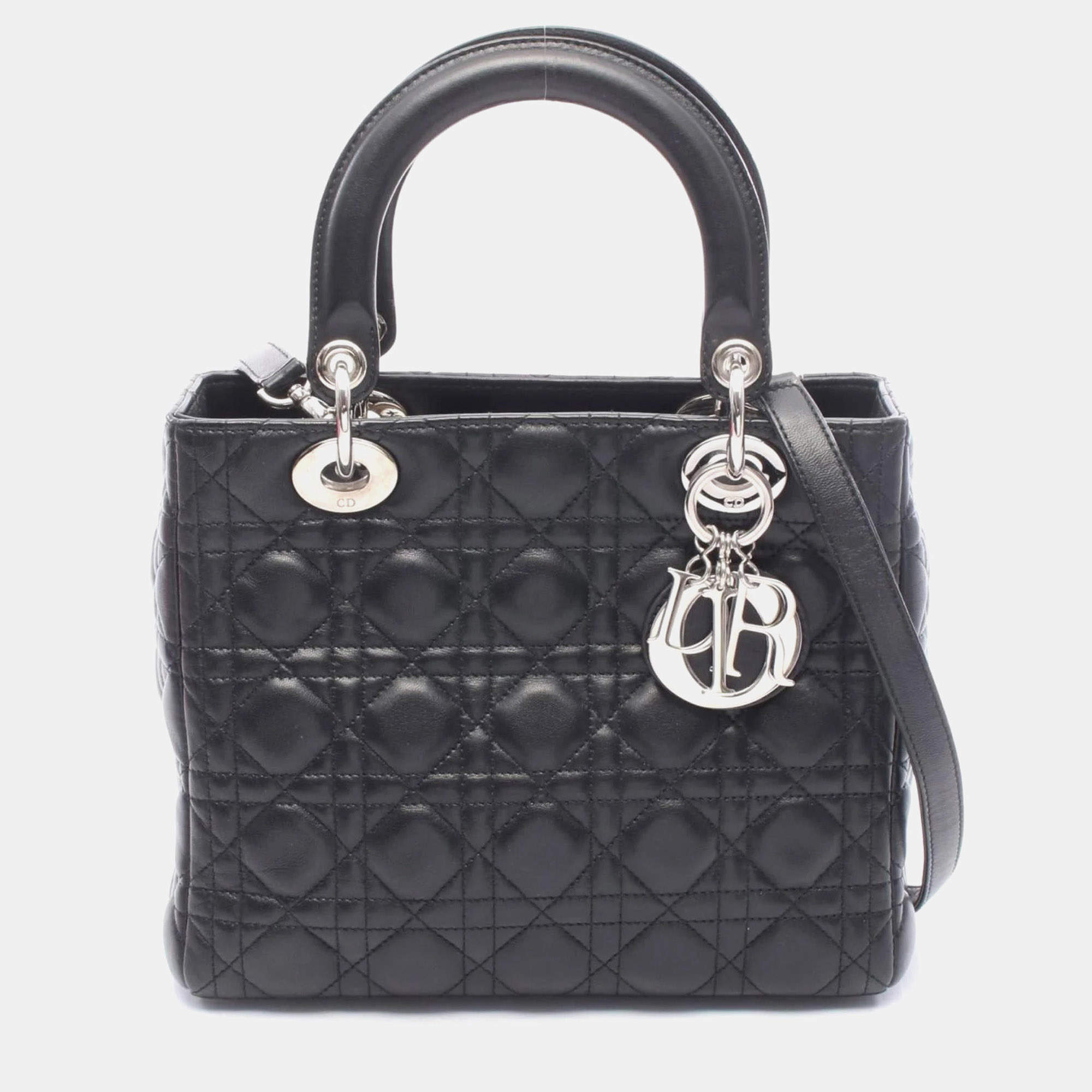 Pre Owned Christian Dior Dior Lady Cannage Handbag Leather Black