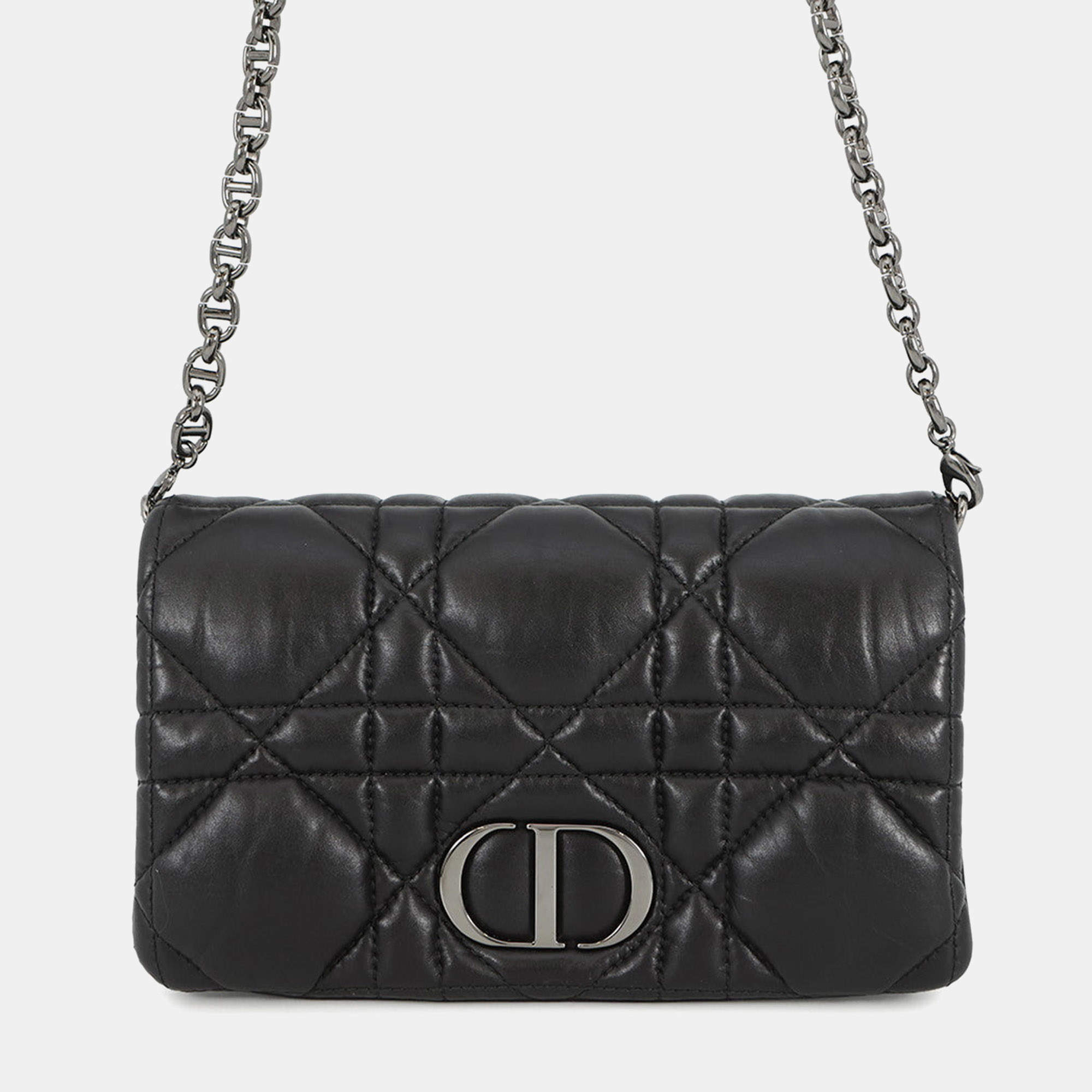 Pre Owned Dior Caro Pouch Macrocannage Chain shoulder Bag Black Lambskin