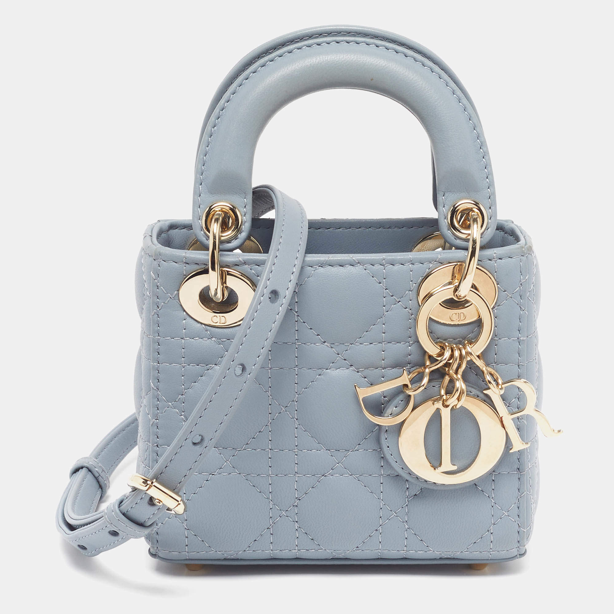 Pre Owned Dior Lady Dior Micro Light Blue Cannage Leather Tote