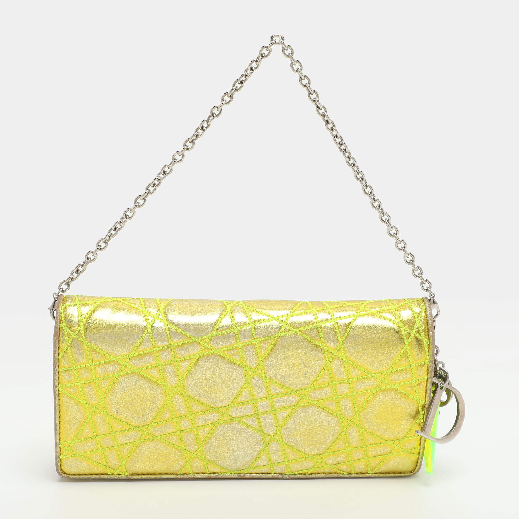 Pre Owned Dior Lady Dior Rendezvous Gold/Green Cannage Leather Wallet on Chain