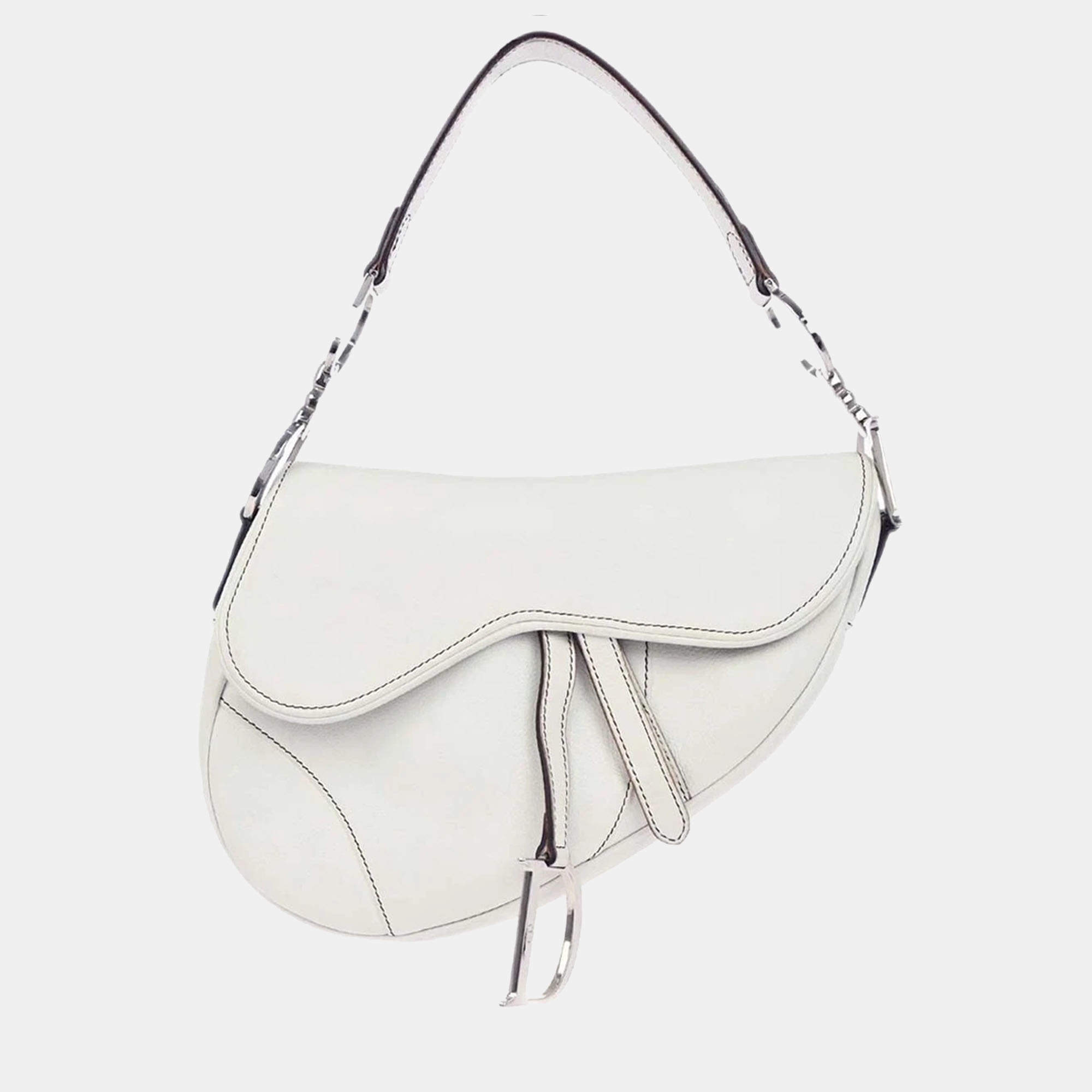 Pre Owned Christian Dior White Leather Saddle Handbag