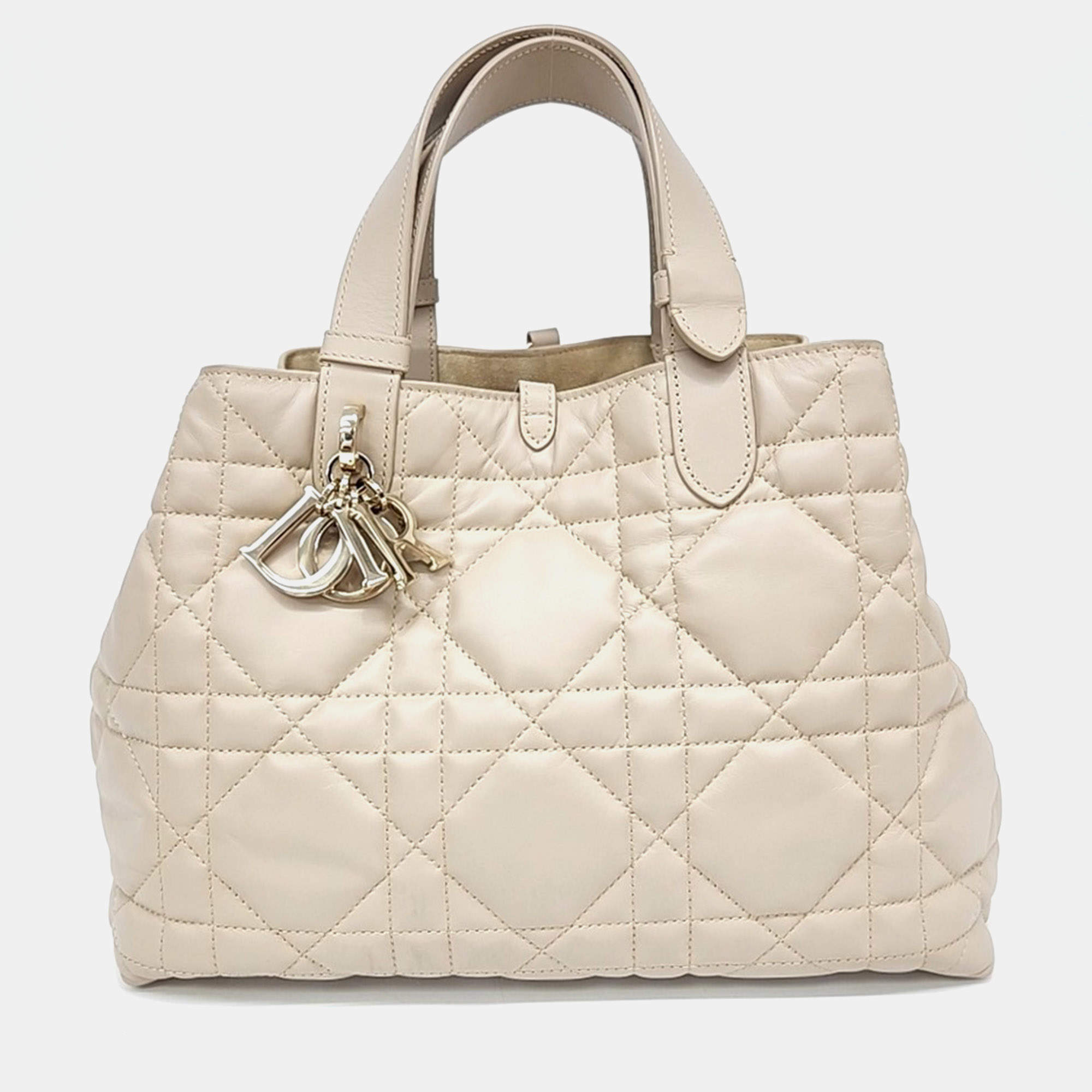 Pre Owned Christian Dior Toujours Small Beige Lambskin Leather Top Handle Bag