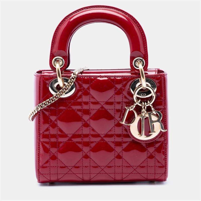 Pre Owned Christian Dior Lady Dior Mini Cherry Red Patent Cannage Calfskin Top Handle Bag