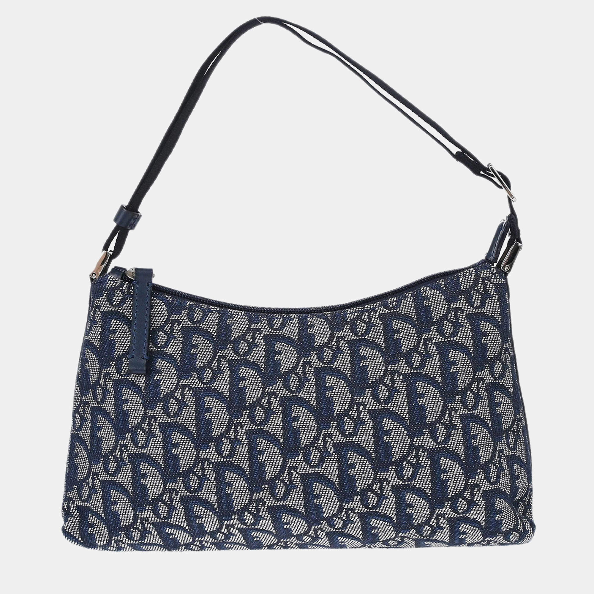 Pre Owned Christian Dior Trotter Small Navy Oblique Canvas Shoulder Bag