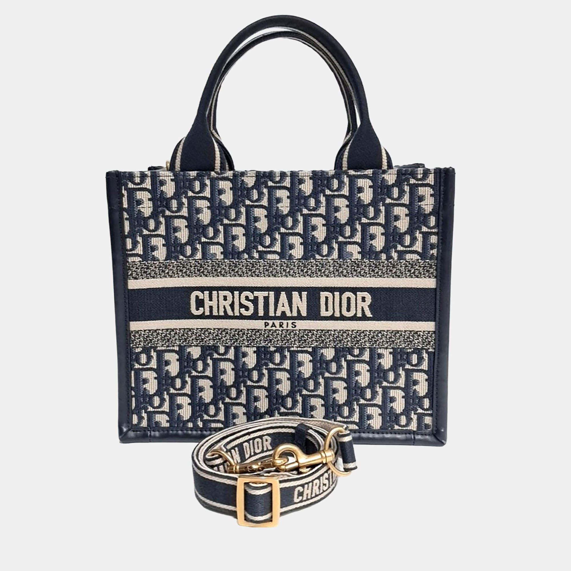 Pre Owned Christian Dior Oblique Book Beige/Navy Blue Canvas Tote Bag Small M1325CZBB