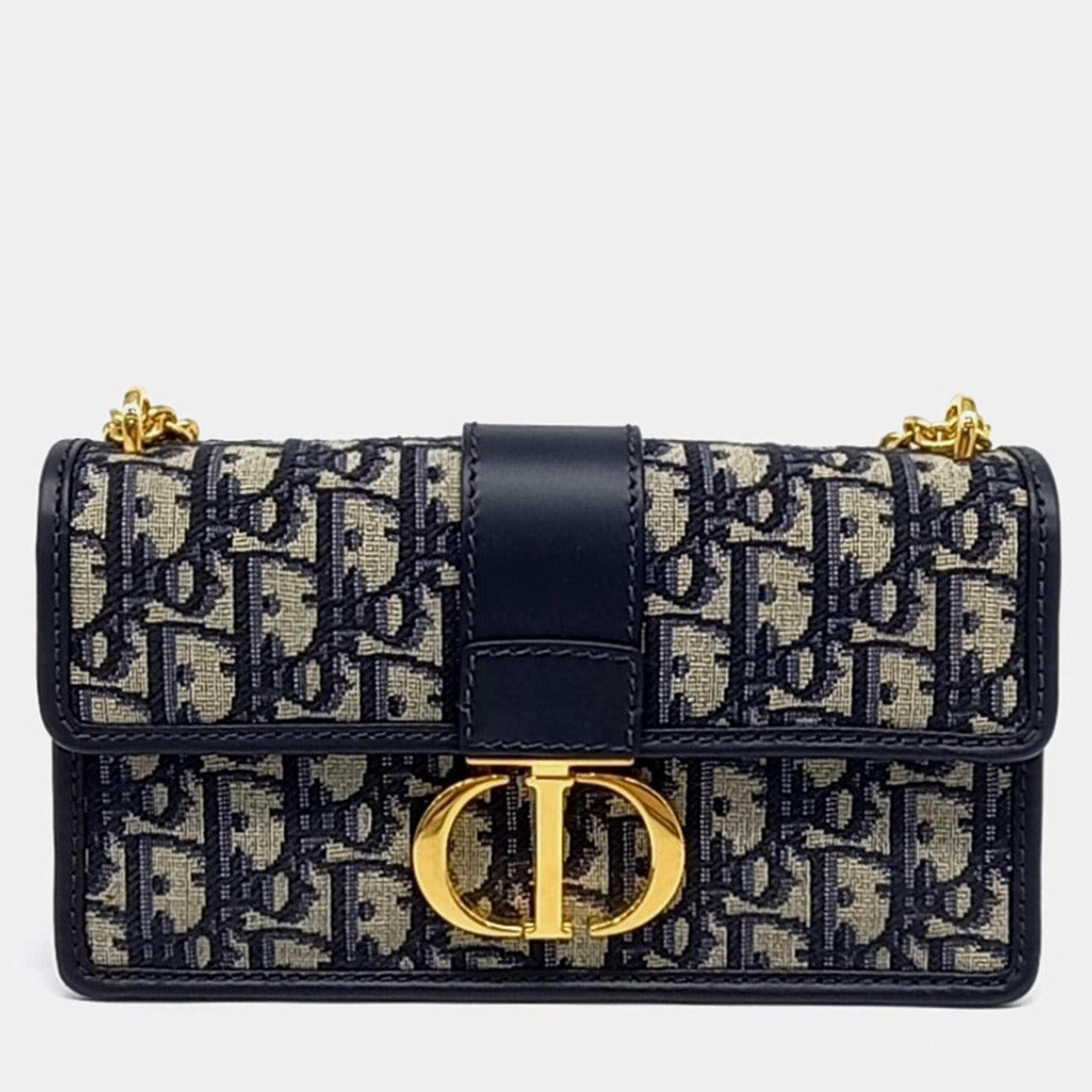 Pre Owned Christian Dior Navy Blue Fabric Oblique 30 Montaigne East West Chain Bag M9334