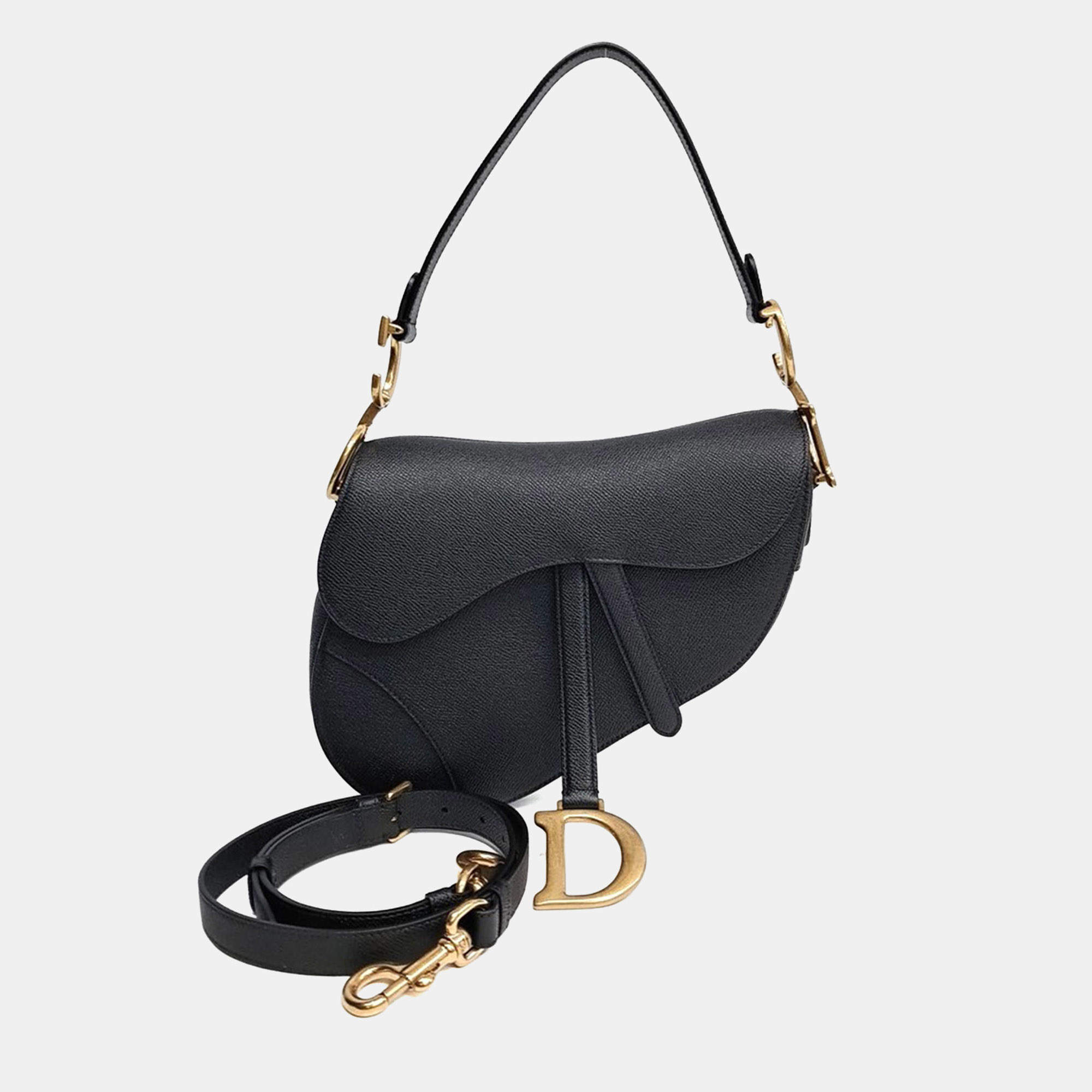 Pre Owned Christian Dior Black Leather Strap Saddle Bag M0455