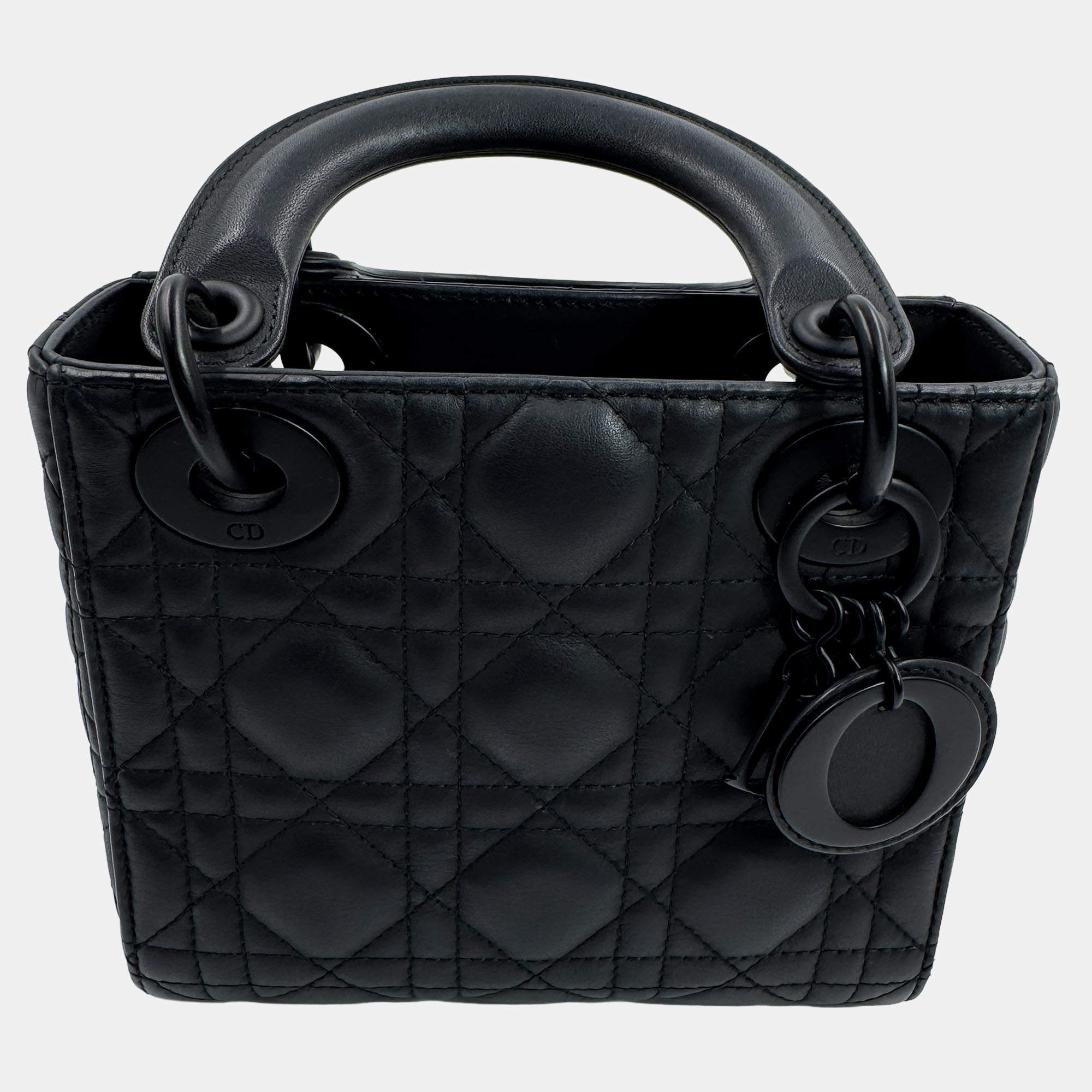 مملوكة مسبقًا Dior Lady Dior Mini Black Cannage Calfskin Leather Top Handle Bag