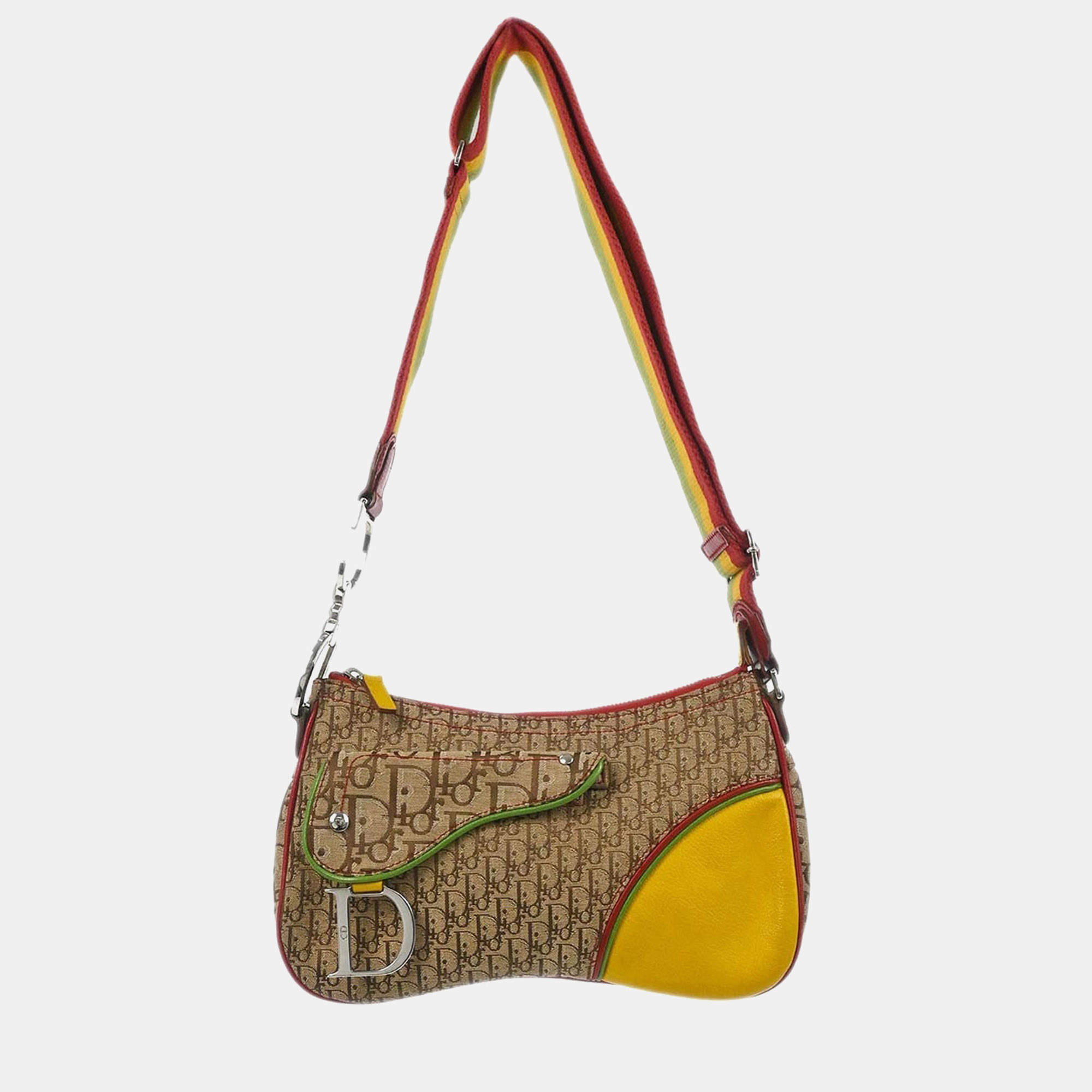 Pre Owned Christian Dior Rasta Trotter Saddle Beige Multicolor Diorissimo Canvas Leather Shoulder Bag