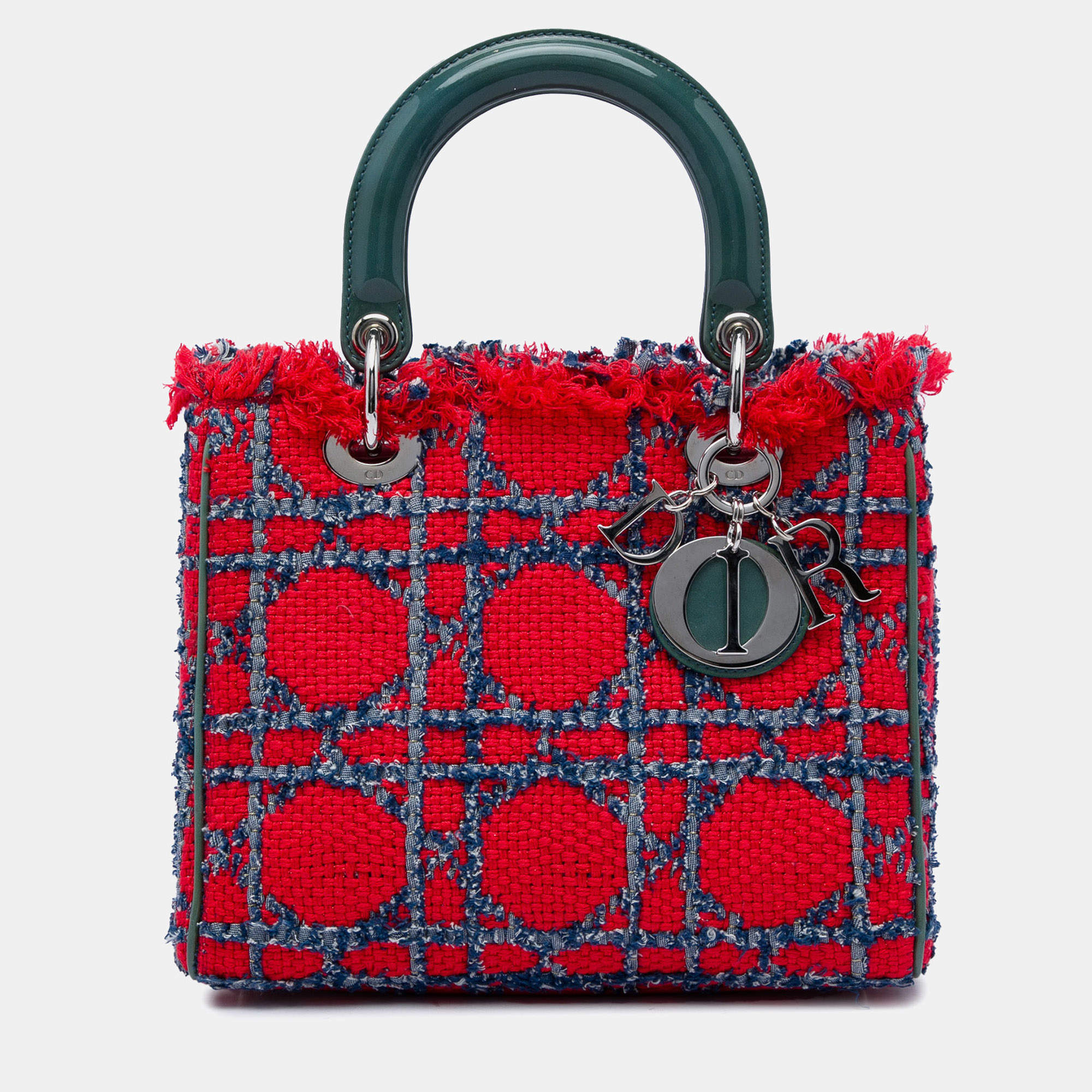 Pre Owned Christian Dior Lady Dior Medium Red Tweed Fabric Top Handle Bag