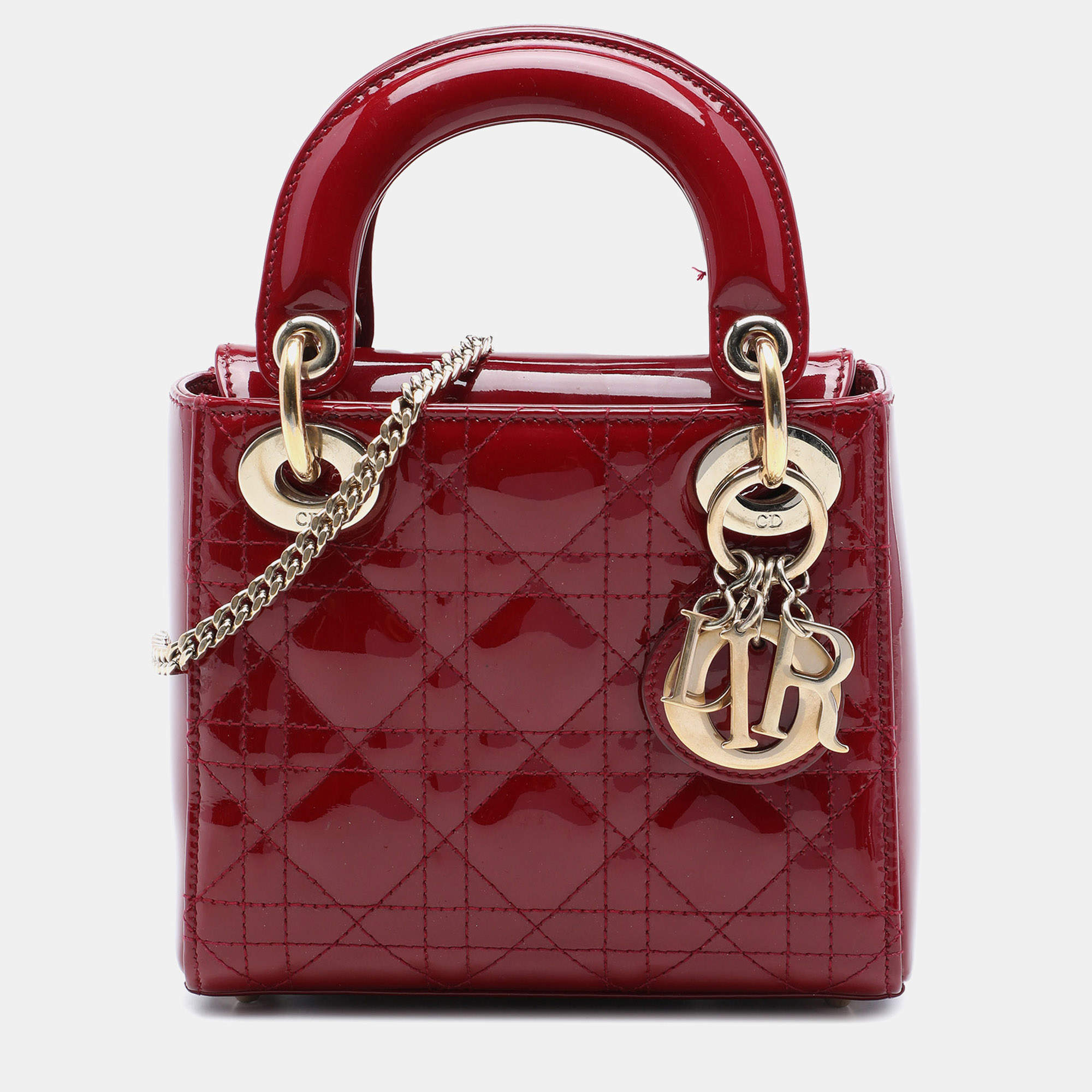 Pre Owned Dior Lady Dior Mini Cherry Red Patent Cannage Calfskin Crossbody Bag