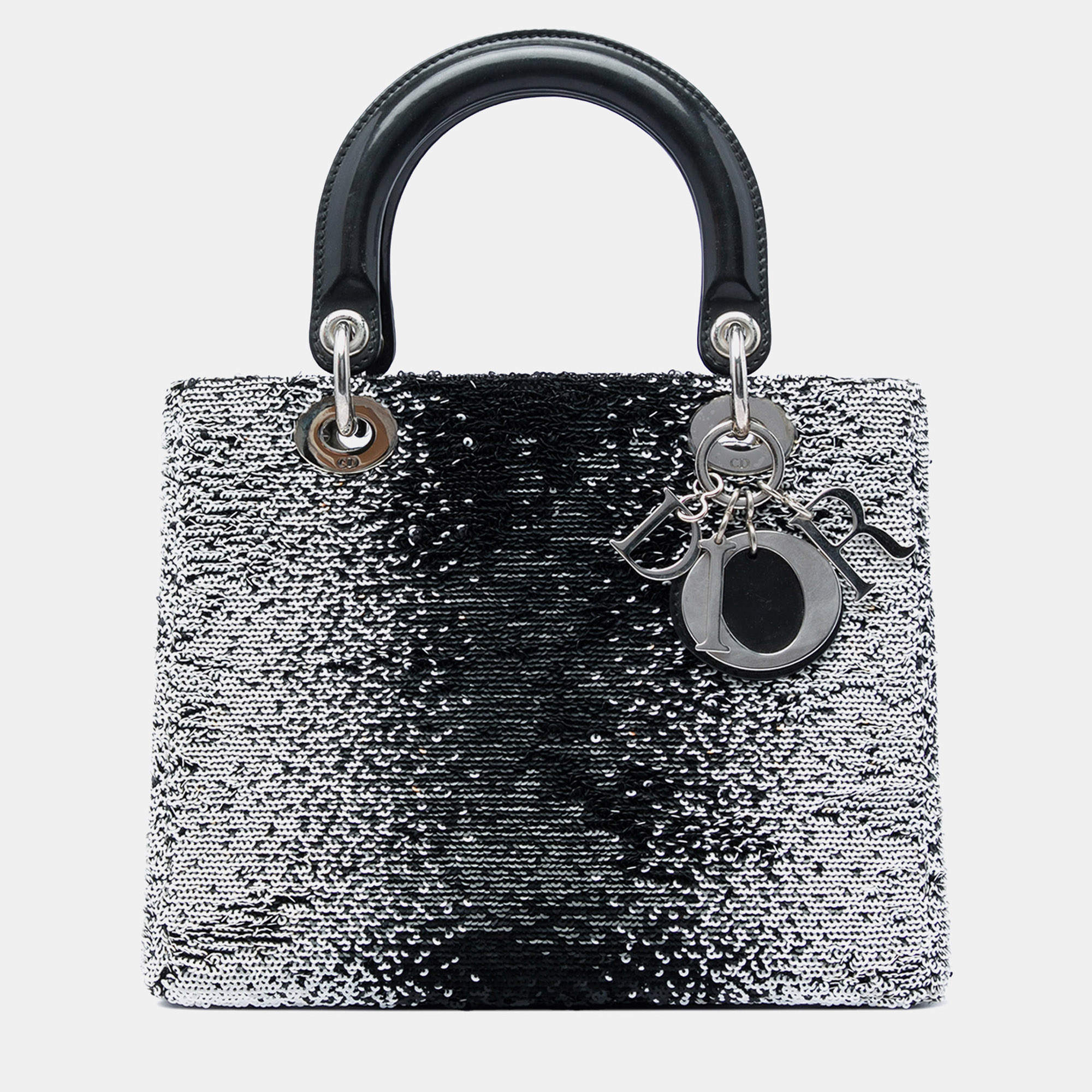 مملوكة مسبقًا Christian Dior Lady Dior Medium Black Silver Sequin Fabric Top Handle Bag