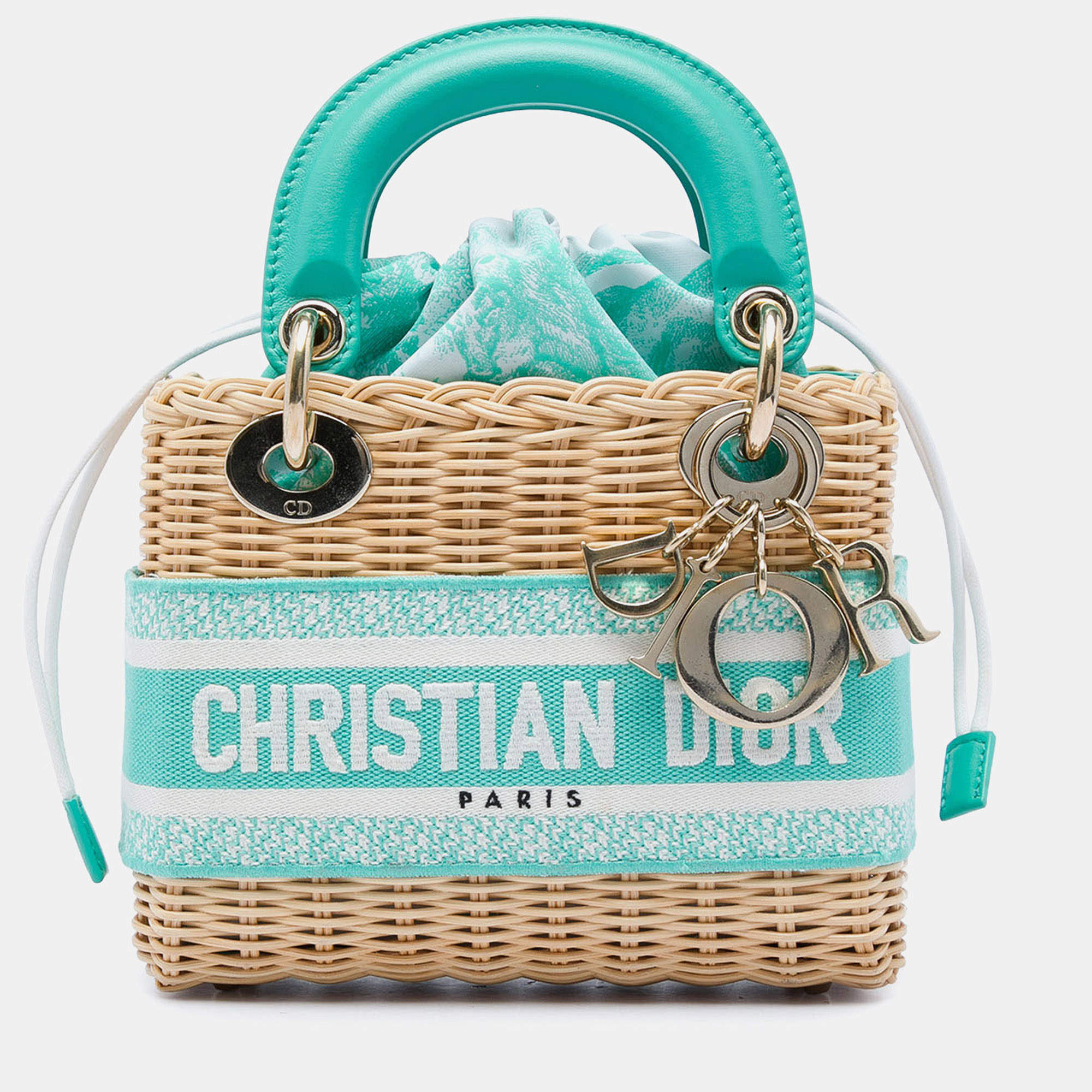 Pre Owned Christian Dior Mini Wicker Toile de Jouy Aquamarina Green Natural Rattan Top Handle Bag