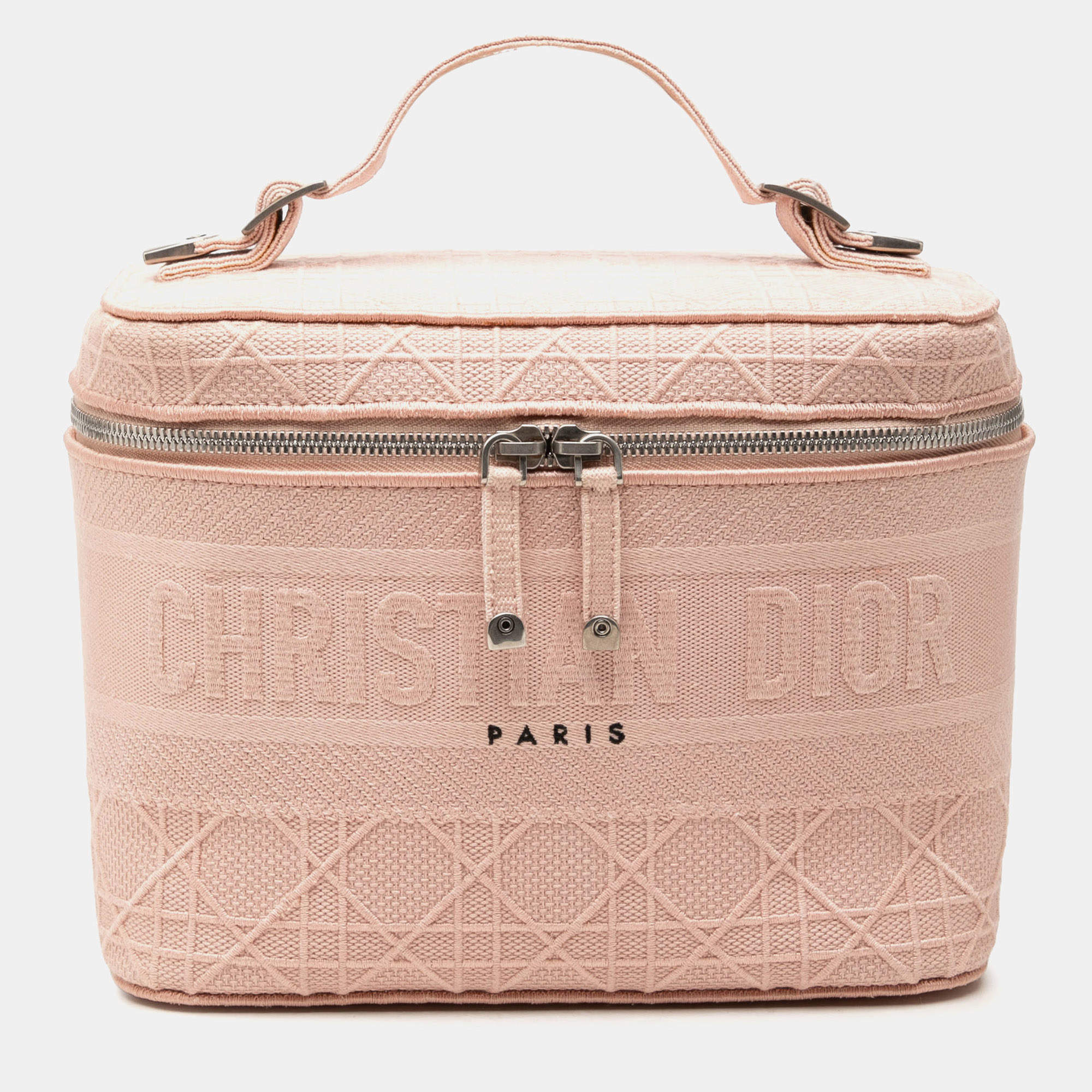Pre Owned Christian Dior DiorTravel Small Pink Canvas Embroidered Vanity Bag