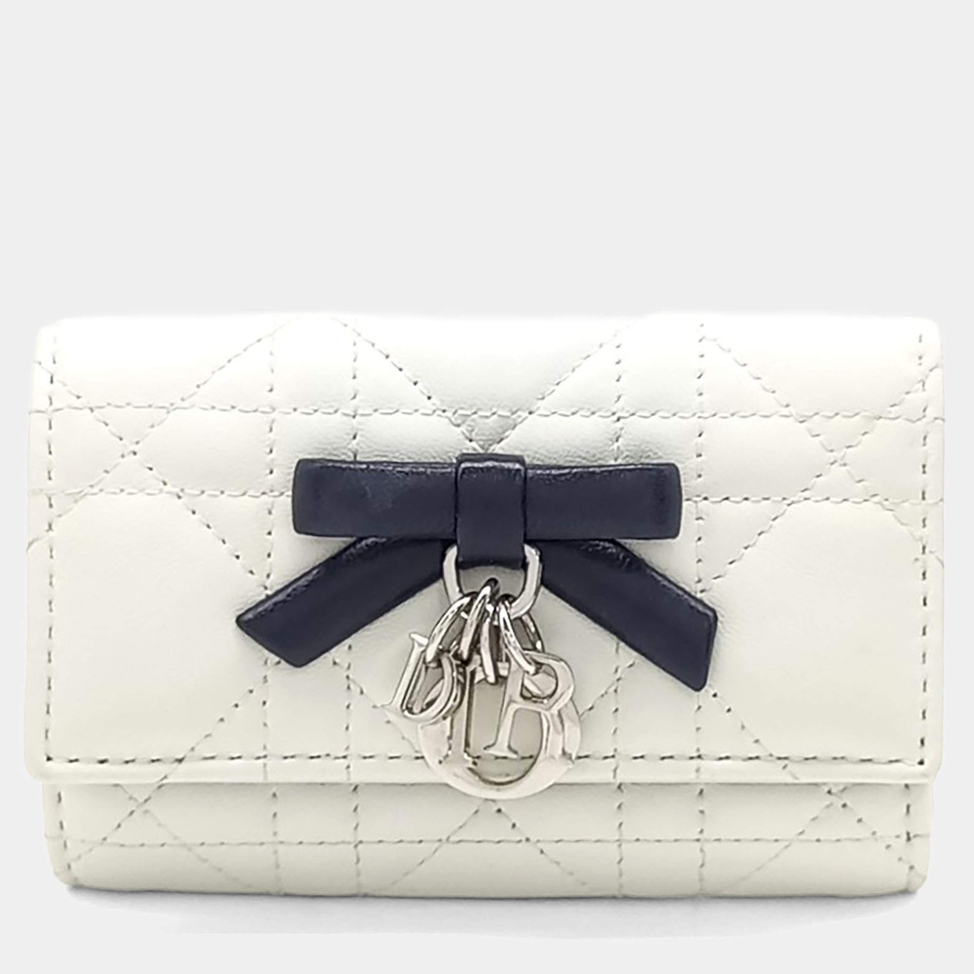 Pre Owned Christian Dior Bow Glycine White Leather Card Holder