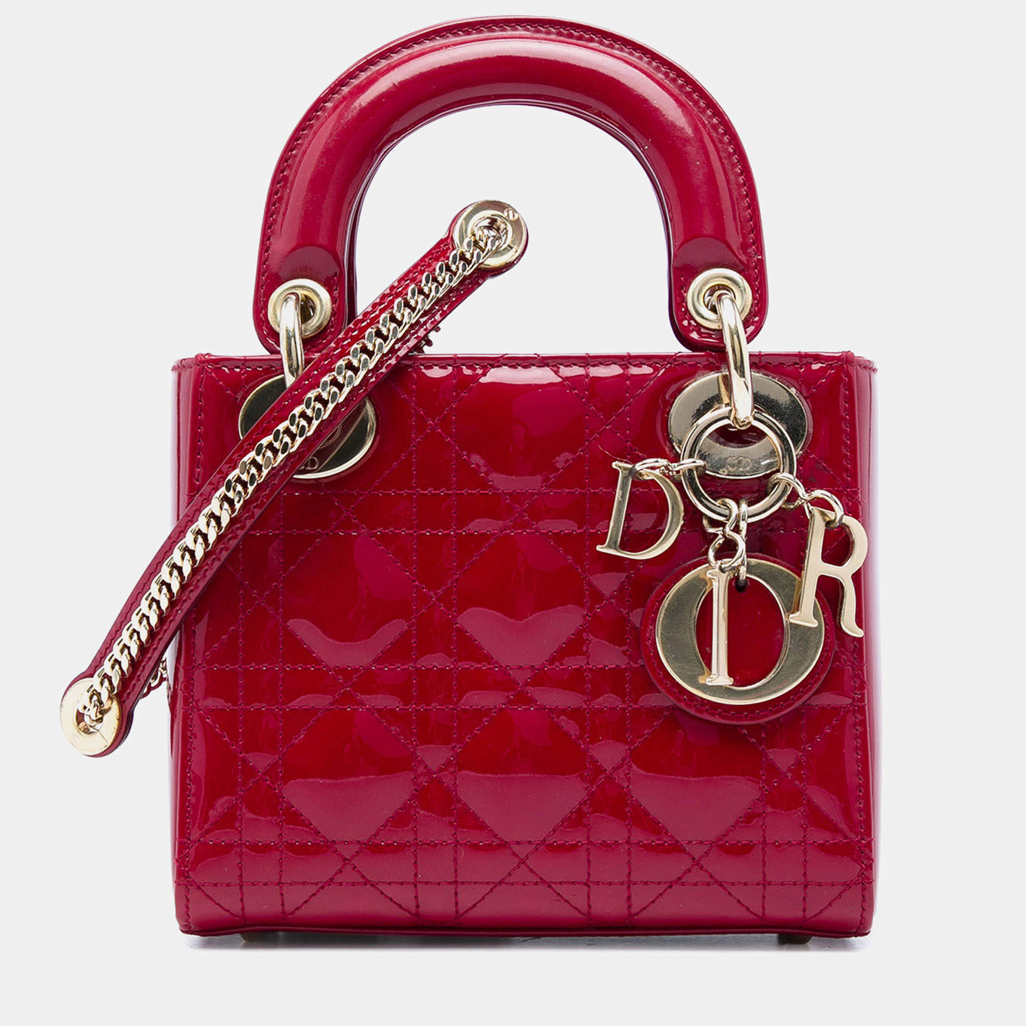 Pre Owned Christian Dior Lady Dior Mini Cherry Red Patent Cannage Calfskin Top Handle Bag