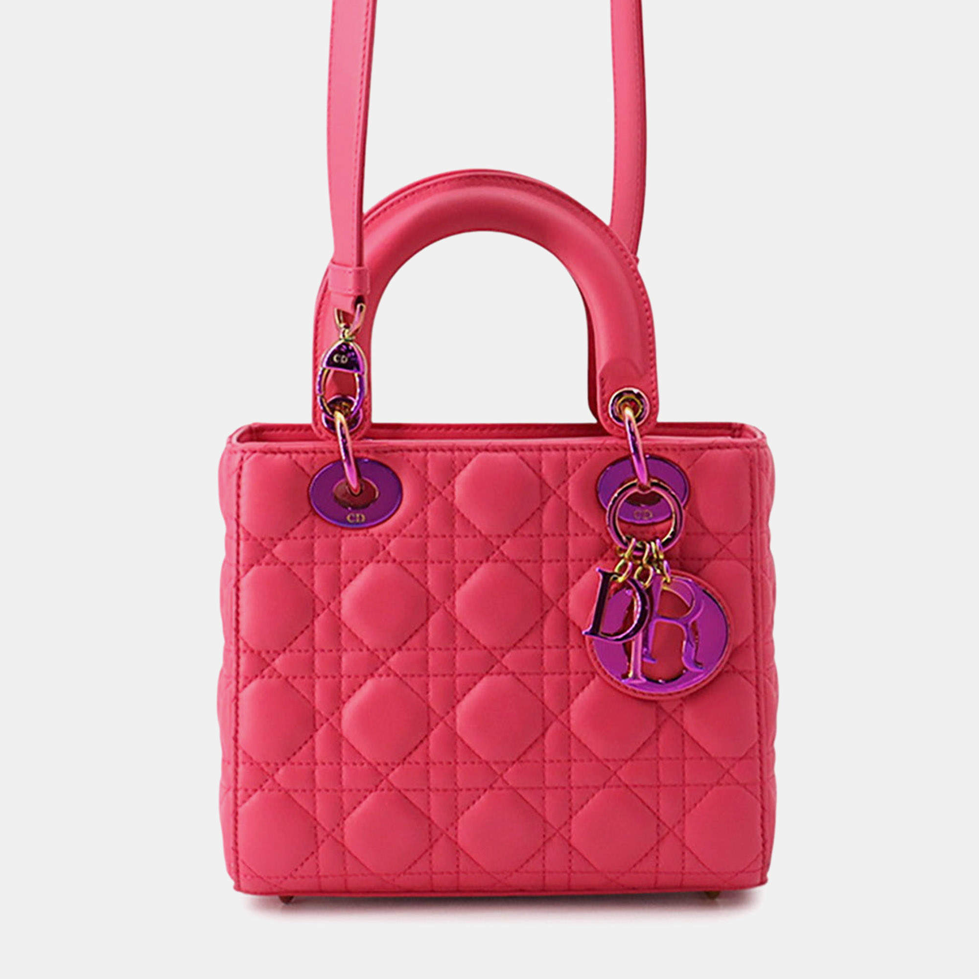 Pre Owned Christian Dior Lady Dior Small Warm Fuchsia Lambskin Leather Top Handle Bag