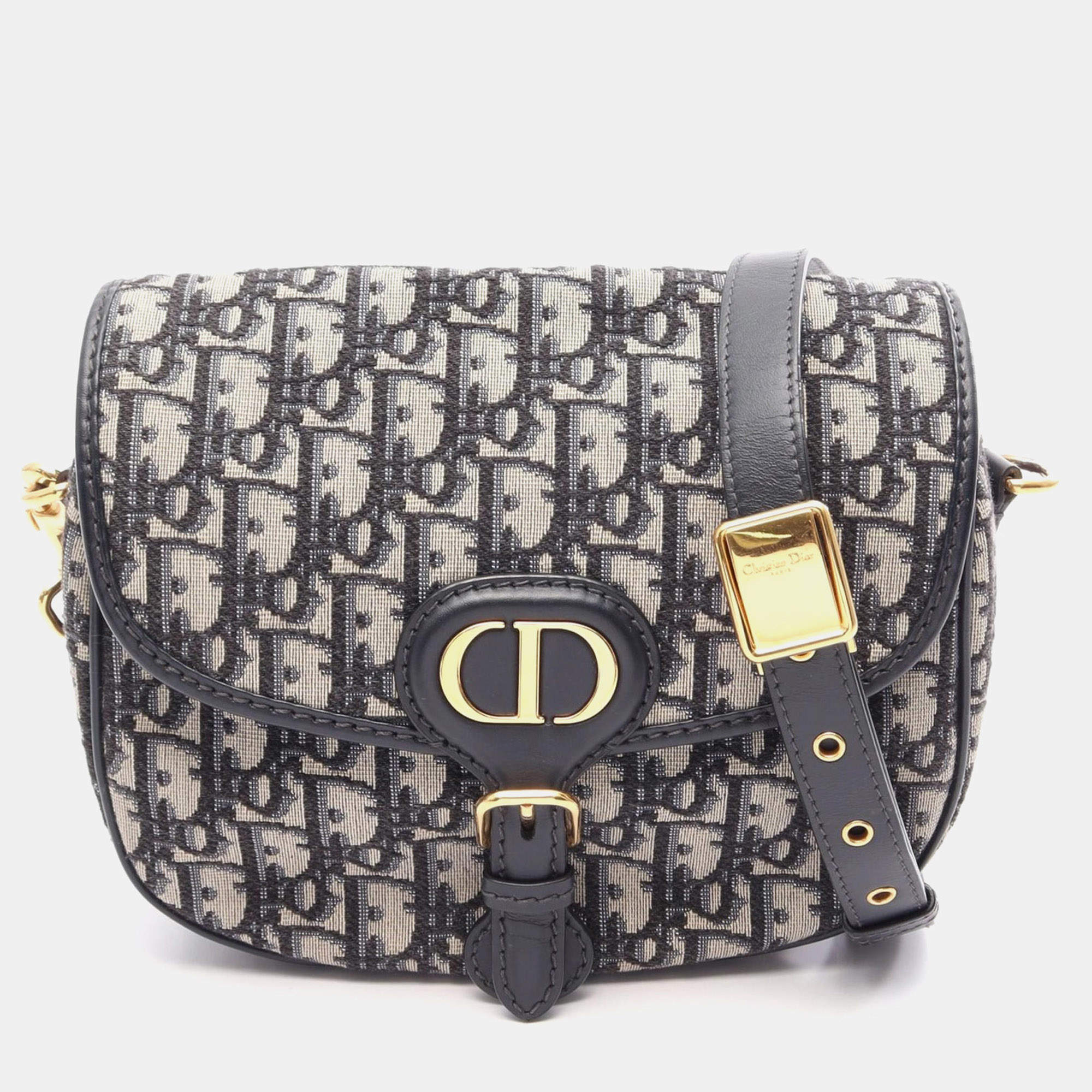 Pre Owned Dior Bobby Medium Blue Dior Oblique Jacquard Canvas Calfskin Leather Shoulder Bag