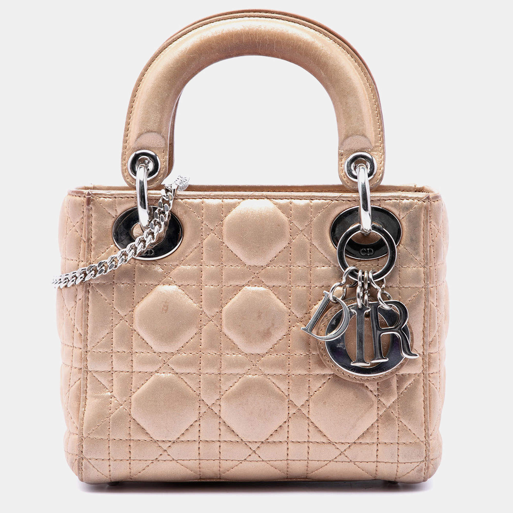 Pre Owned Christian Dior Lady Dior Mini Metallic Champagne Lambskin Leather Top Handle Bag