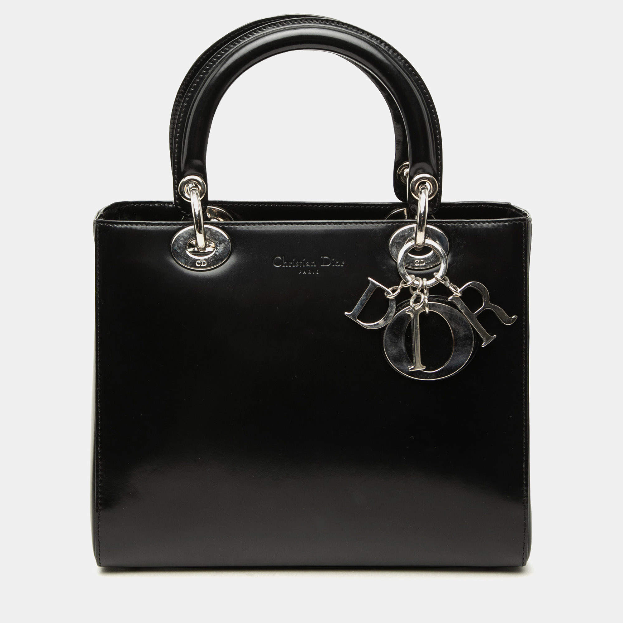Pre Owned Christian Dior Lady Dior Medium Black Glazed Calfskin Leather Top Handle Bag