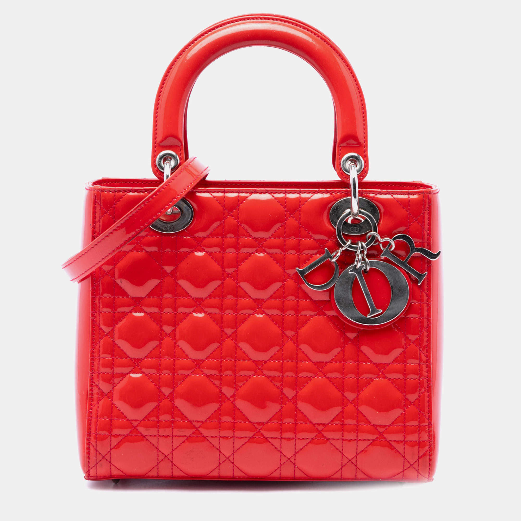 Pre Owned  Christian Dior Lady Dior Medium Red Patent Cannage Calfskin Leather Top Handle Bag