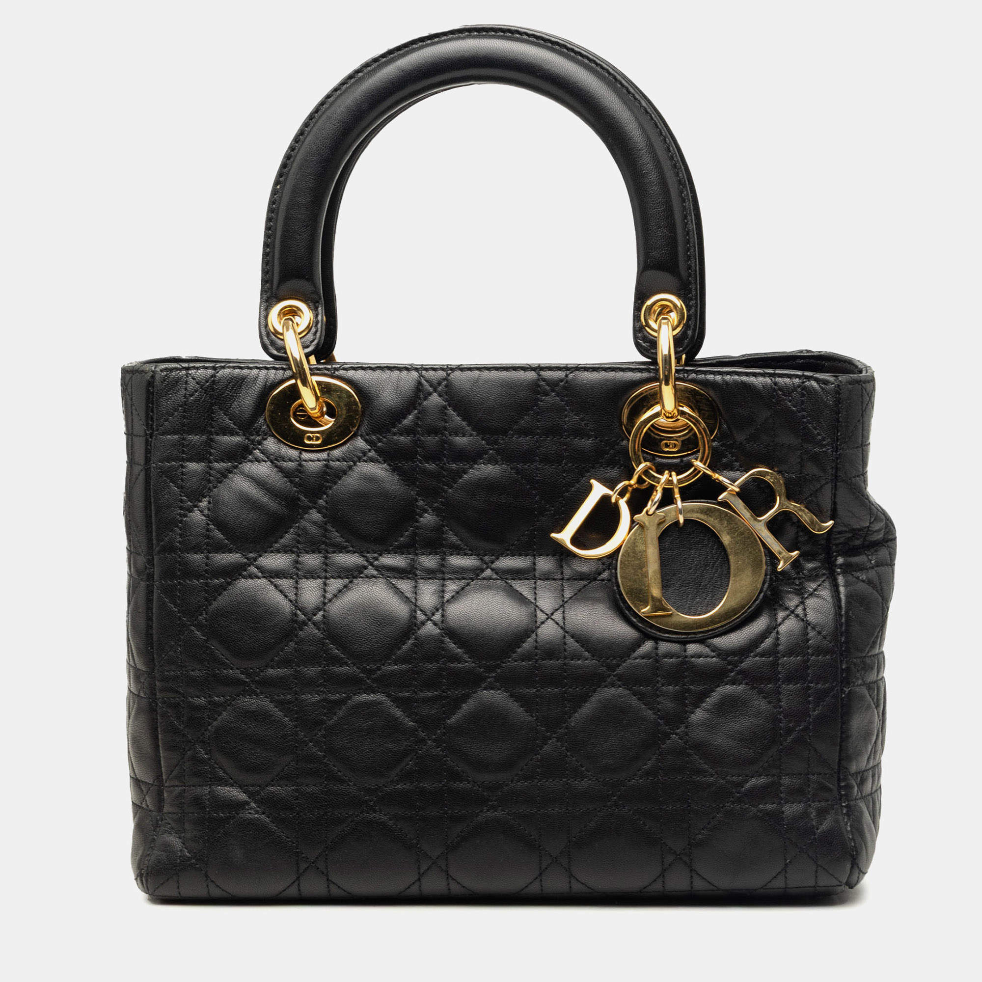 Pre Owned  Dior Lady Dior Medium Black Cannage Lambskin Leather Top Handle Bag