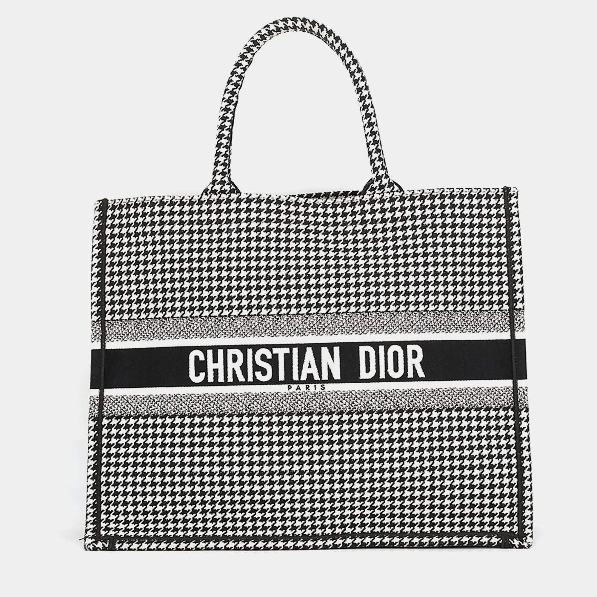 Pre Owned Christian Dior Book Tote Large White Black Houndstooth Canvas Tote Bag