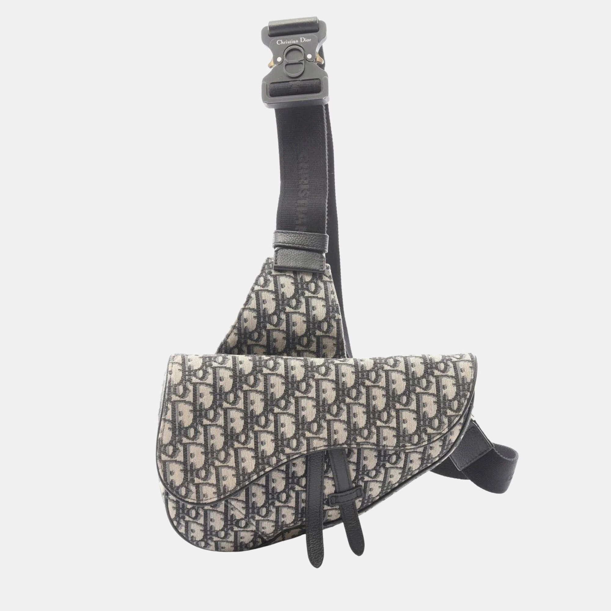 Pre Owned Christian Dior Saddle Beige Navy Dior Oblique Jacquard Canvas Leather Crossbody Messenger Bag