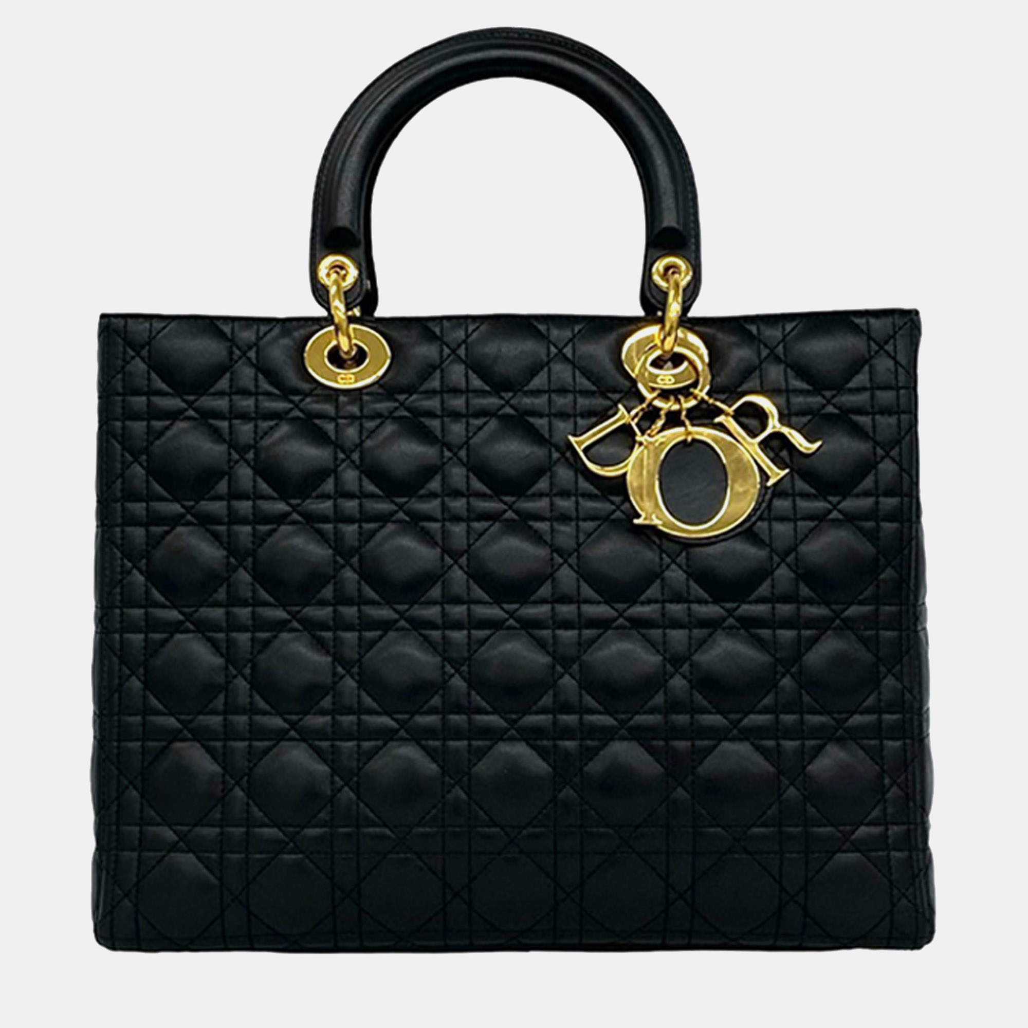 Pre Owned Dior Lady Dior Large Black Lambskin Leather Top Handle Bag