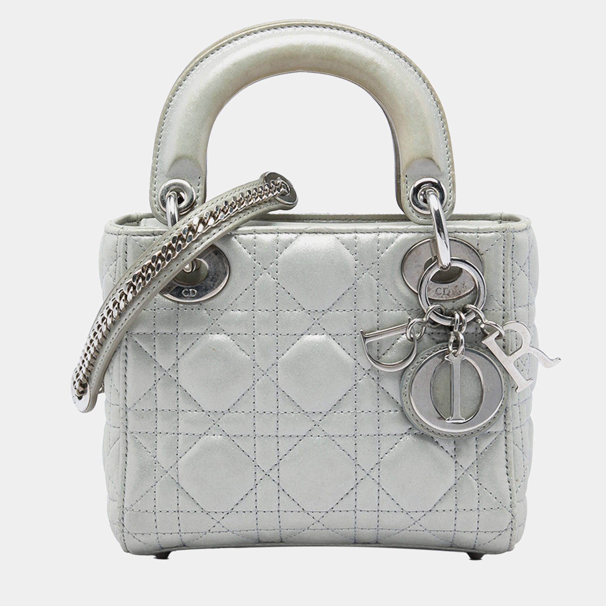 Pre Owned Dior Lady Dior Mini Silver Iridescent Lambskin Cannage Top Handle Bag