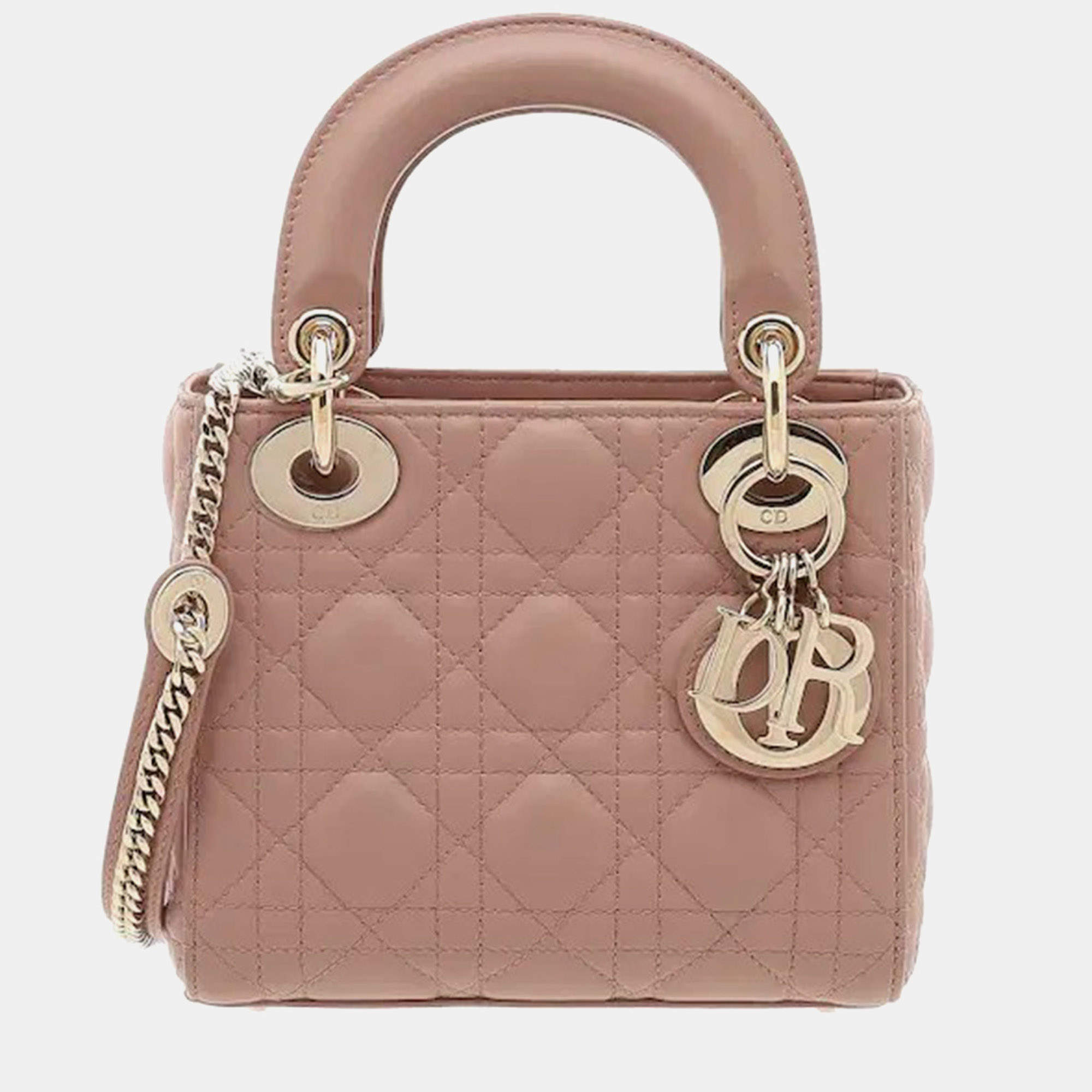 Pre Owned Christian Dior Lady Dior Mini Blush Cannage Lambskin Leather Top Handle Bag