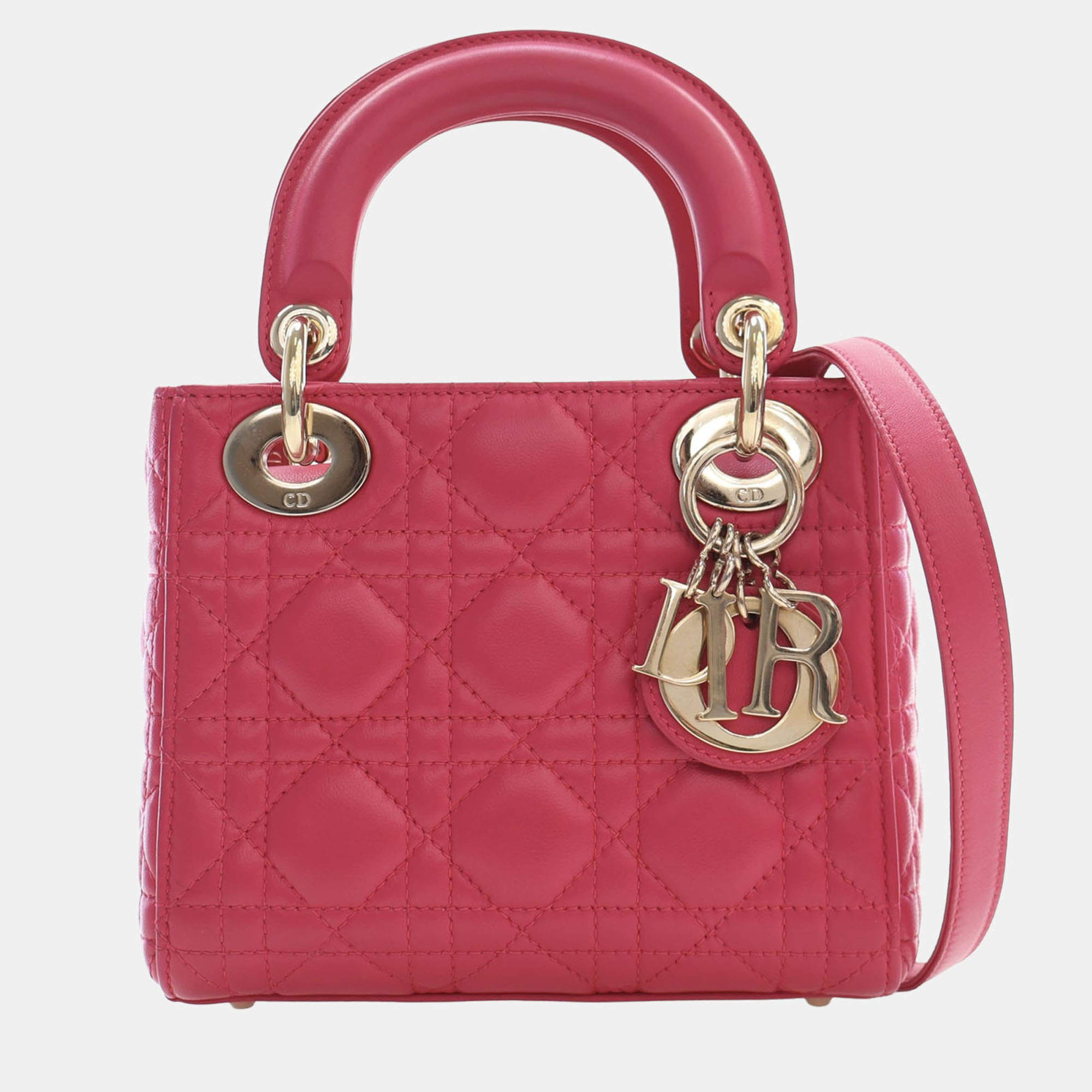 Pre Owned Christian Dior Mini Lady Dior Pink Cannage Lambskin Leather Top Handle Bag