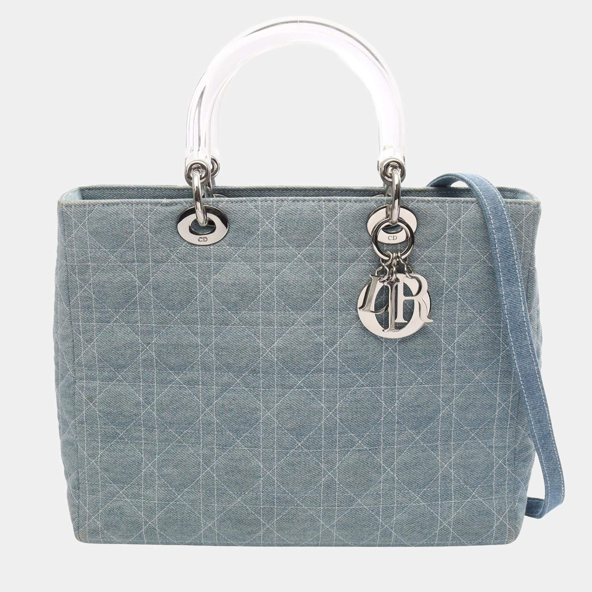 Pre Owned Dior Lady Dior Large Blue Denim Acrylic Handle Top Handle Bag