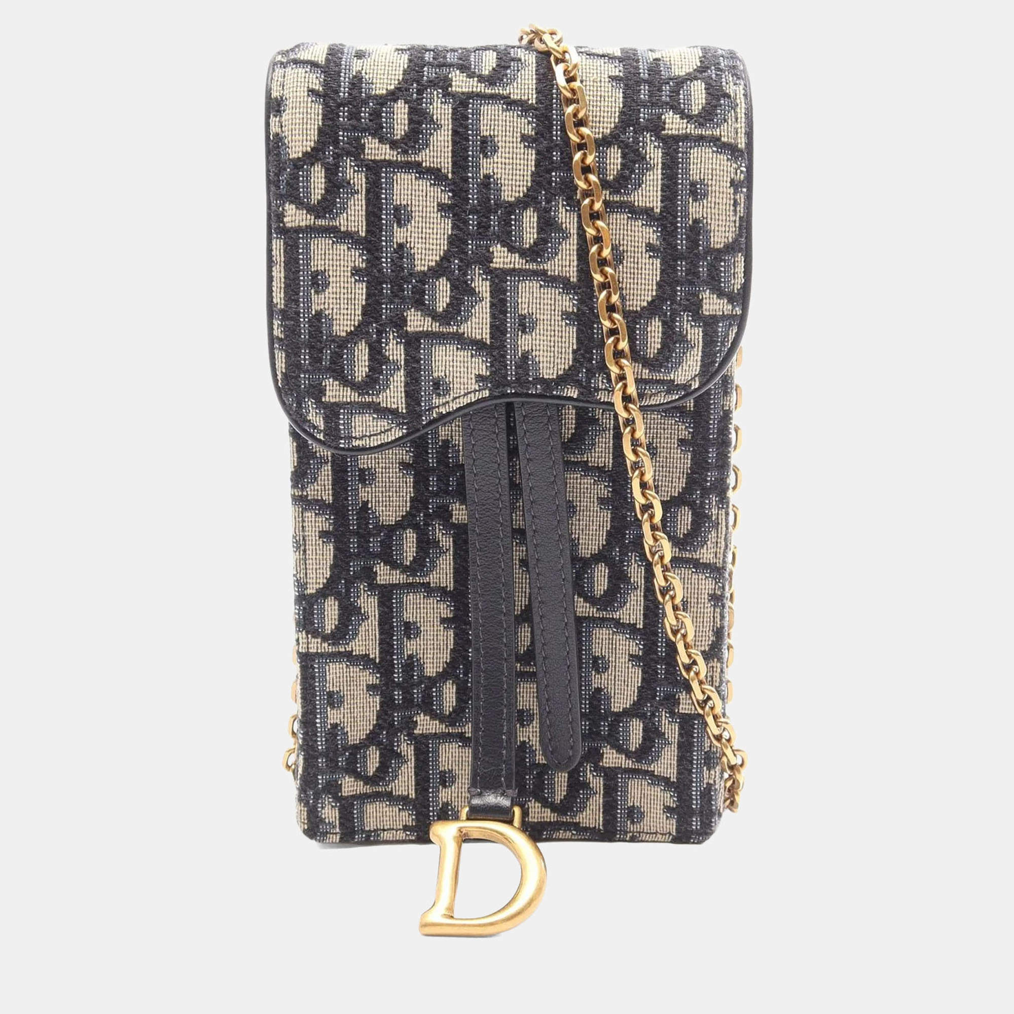 Pre Owned Dior Vertical Saddle Beige Navy Dior Oblique Jacquard Leather Shoulder Bag