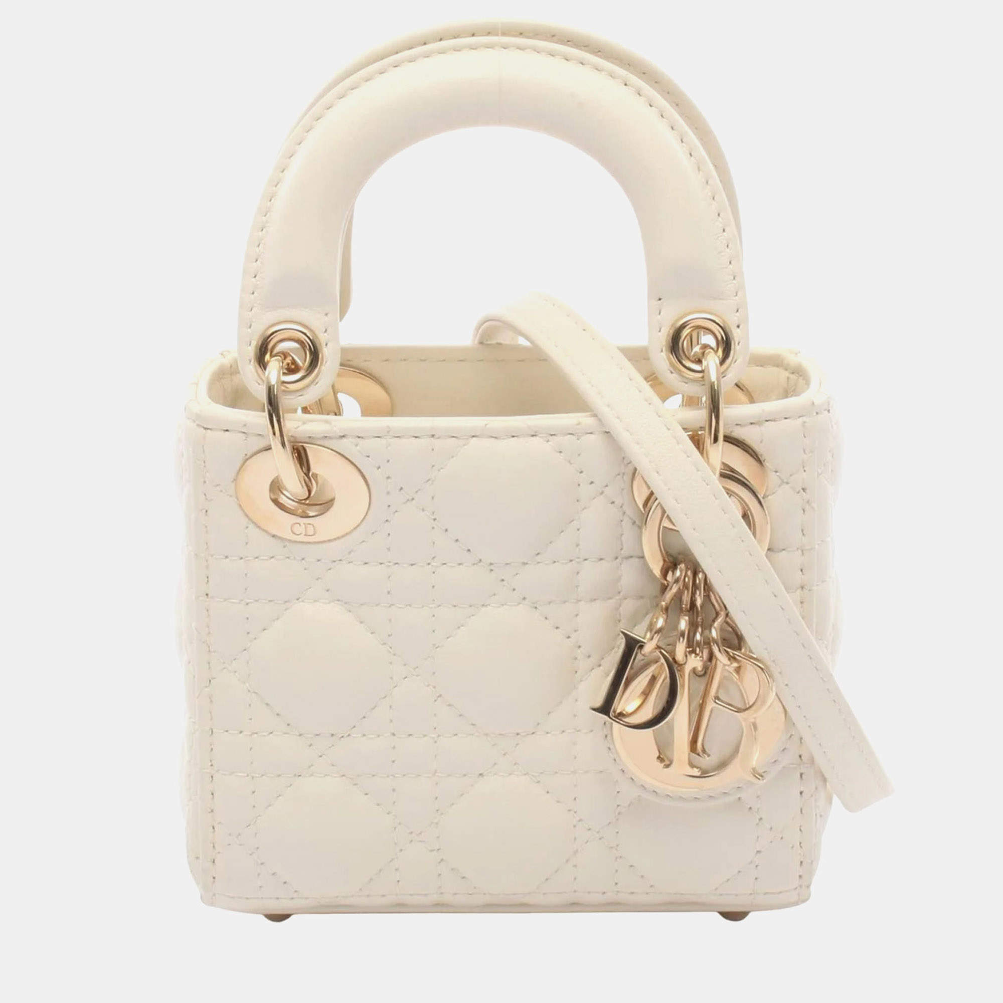 Pre Owned Dior Lady Dior Micro White Cannage Lambskin Leather Top Handle Bag