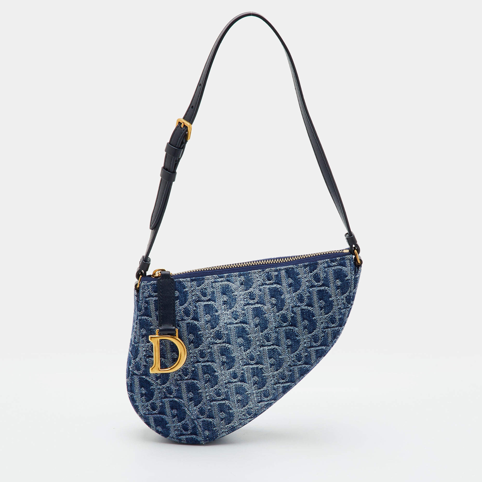 Pre Owned Dior Saddle Mini Navy Blue Trotter Denim and Leather Shoulder Bag