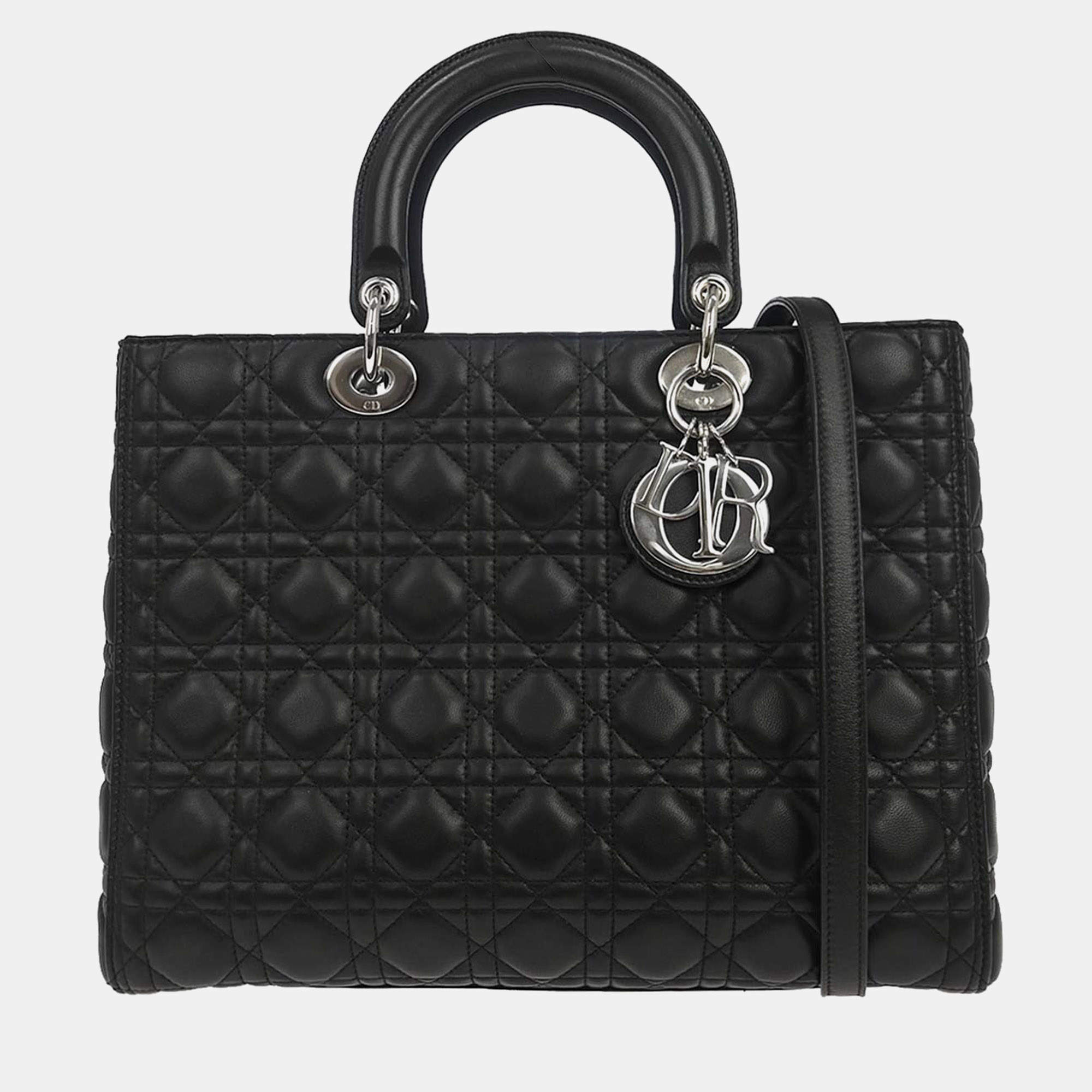 مملوكة مسبقًا Christian Dior Lady Dior Medium Black Lambskin Leather Top Handle Bag