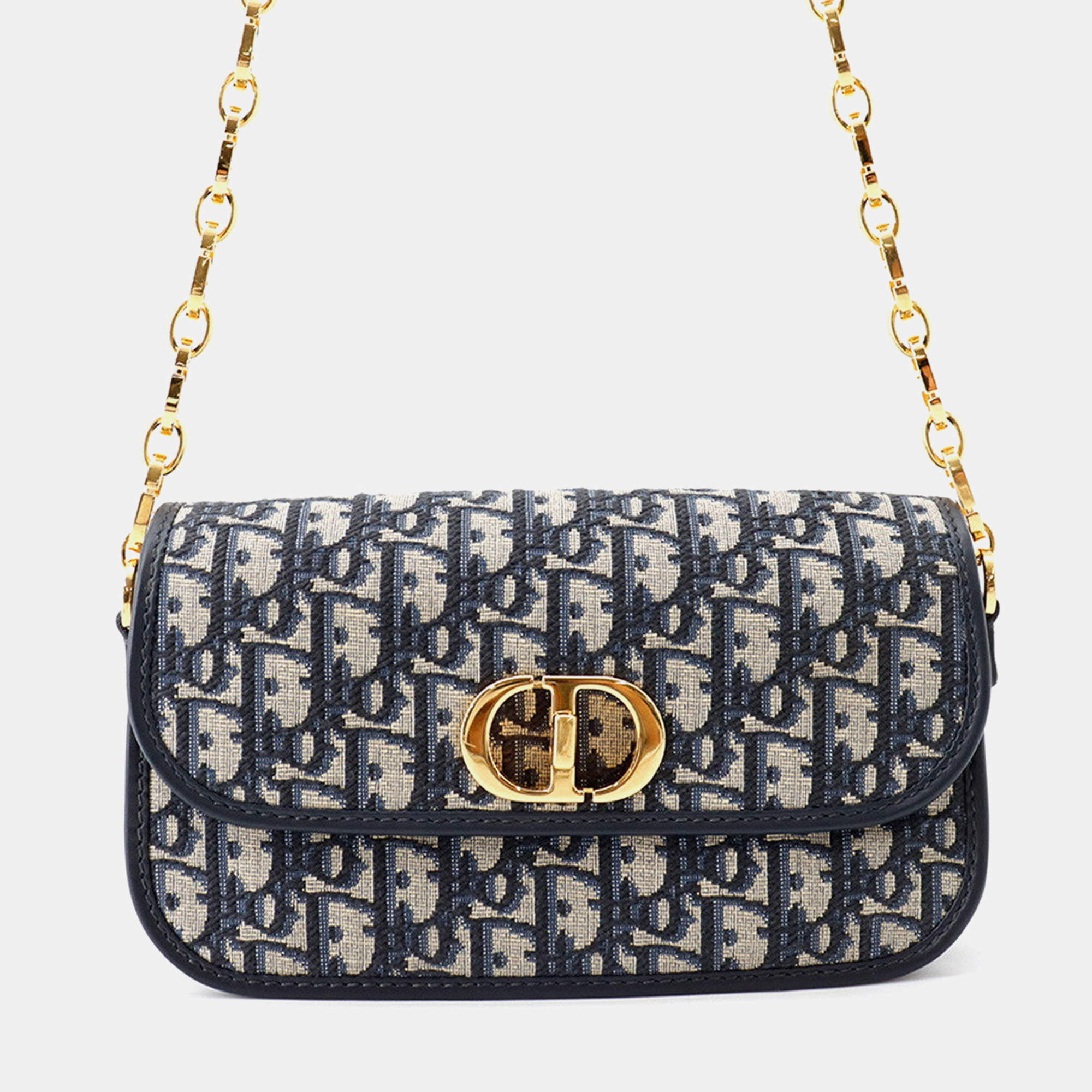 Pre Owned Dior 30 Montaigne Avenue Chain Navy Beige Oblique Jacquard Canvas Leather Shoulder Bag