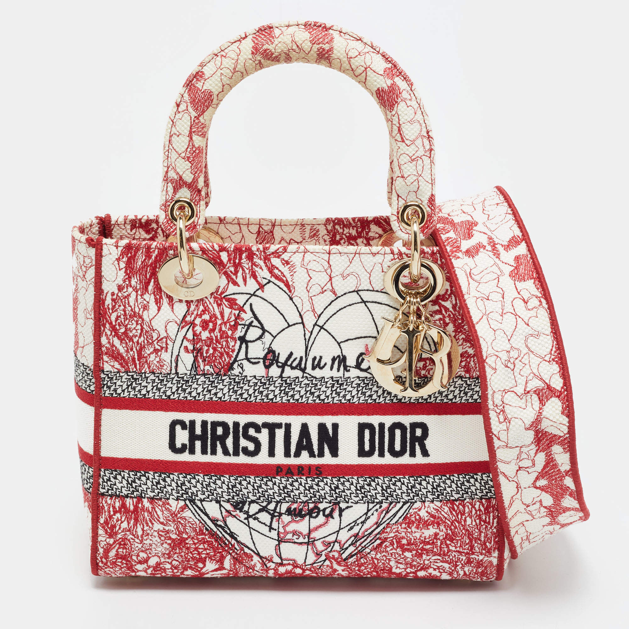 مملوكة مسبقًا Dior Lady D-Lite Medium Red/White Toile de Jouy Embroidered Canvas Tote