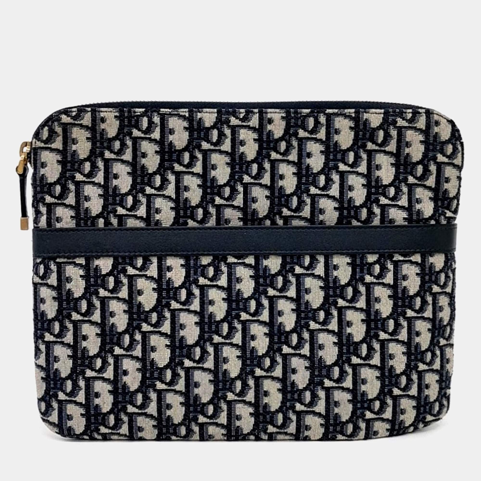 Pre Owned Christian Dior Navy Blue Fabric Oblique Clutch