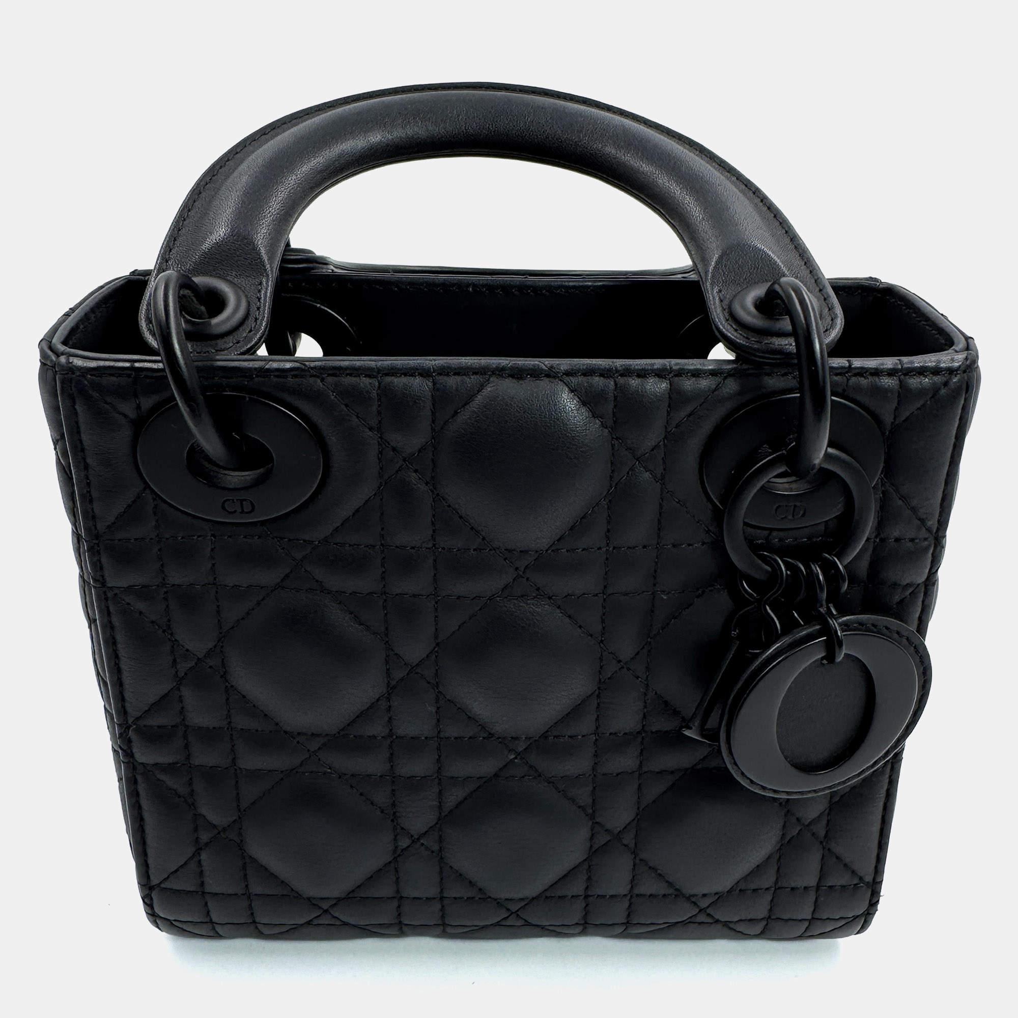 Pre Owned Dior Mini Lady Dior Black Ultramatte Cannage Calfskin Top Handle Bag
