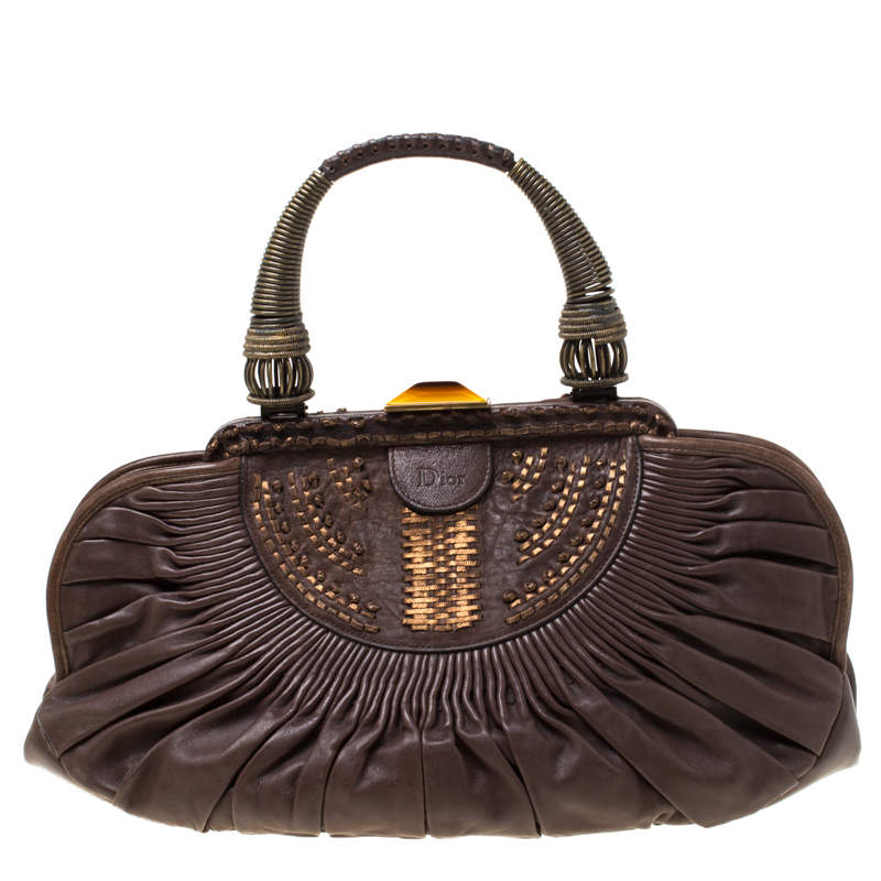 Pre Owned Dior Dark Brown Pleated Leather Medium Plisse Frame Bag