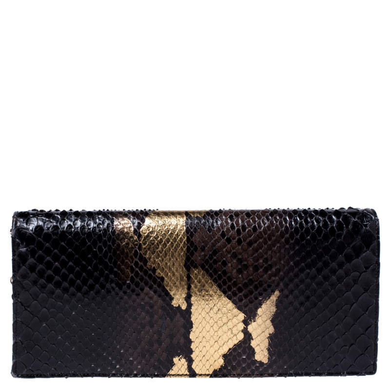 حقيبة كلاتش ديور سلسلة ليدي ديور جلد ثعبان ذهبية / سوداء