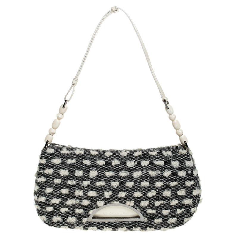 Pre Owned Dior Grey Tweed Limited Edition Beaded Malice Shoulder Bag