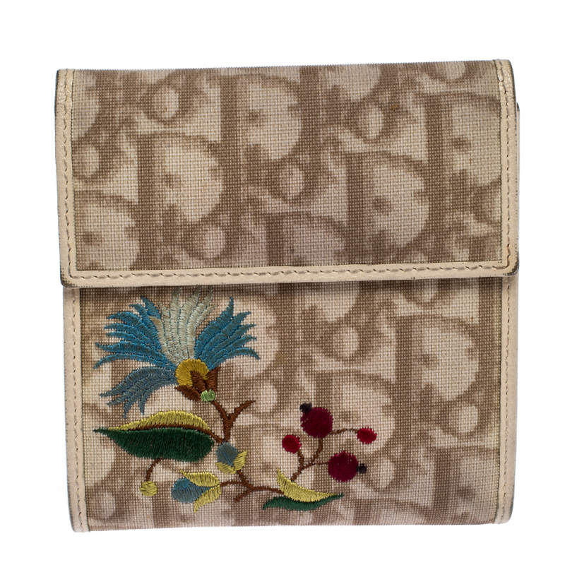 Pre Owned Dior Multicolor Embroidered Diorissimo Coated Canvas Flap Compact Wallet